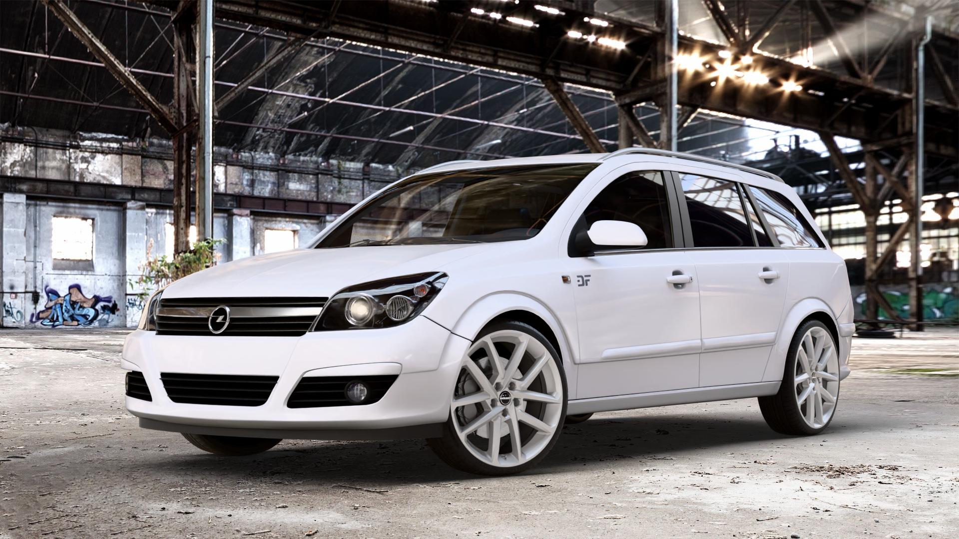 Borbet N crystal silver Felge mit Reifen silber in 19Zoll Winterfelge Alufelge auf weissem Opel Astra H Typ A-H Caravan A-H/SW ⬇️ mit 15mm Tieferlegung ⬇️ Old Industrial Hall_max_4400mm_2024 Frontansicht_1