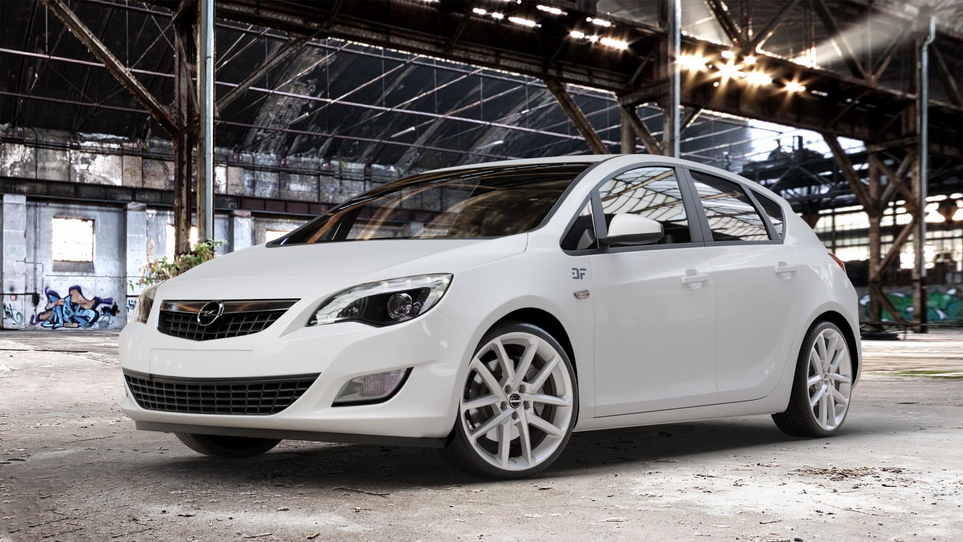 Borbet N crystal silver Felge mit Reifen silber in 19Zoll Winterfelge Alufelge auf weissem Opel Astra J Typ P-J Stufenheck ⬇️ mit 15mm Tieferlegung ⬇️ Old Industrial Hall_max_4400mm_2024 Frontansicht_1