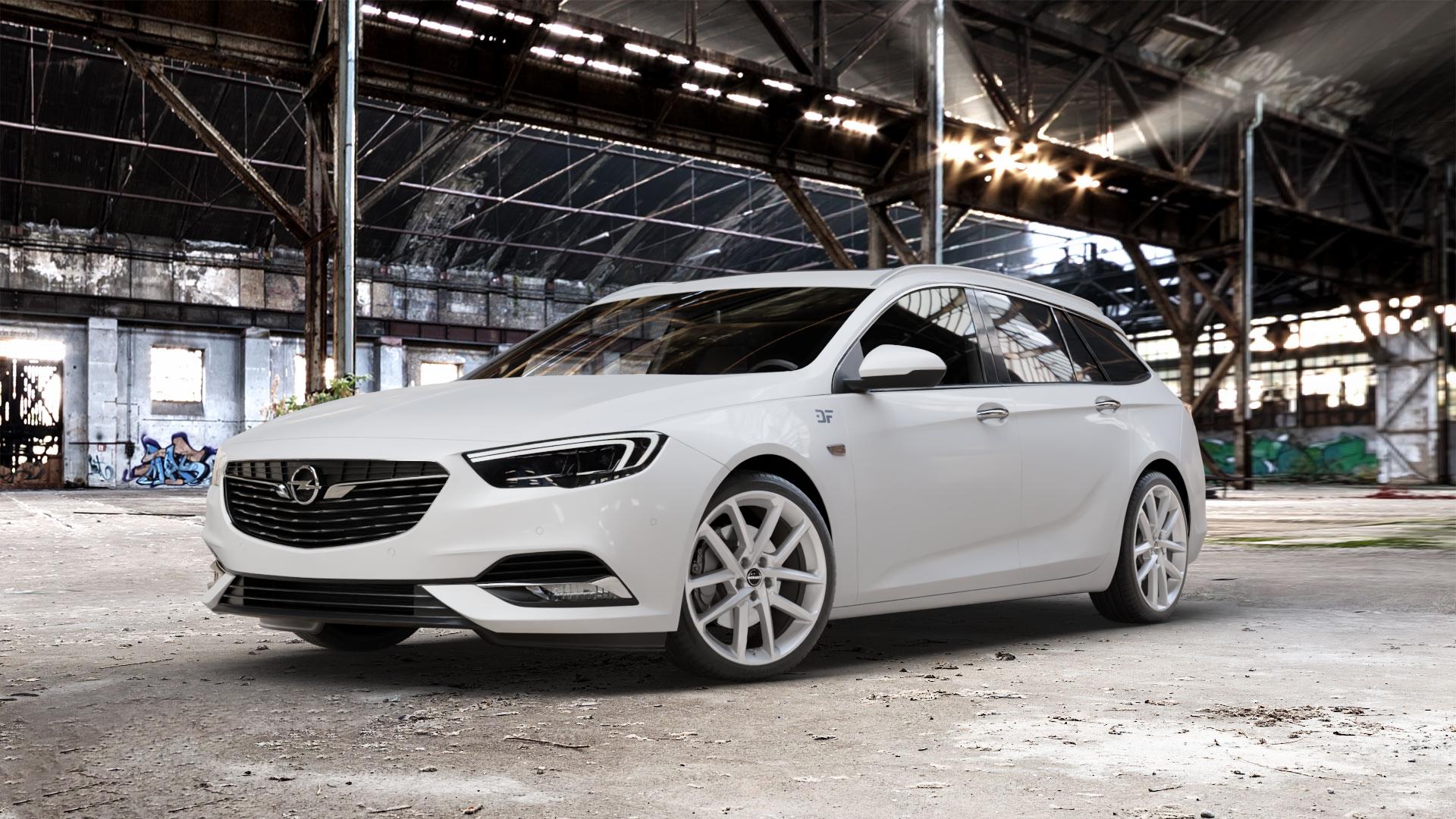 Borbet N crystal silver Felge mit Reifen silber in 19Zoll Winterfelge Alufelge auf weissem Opel Insignia II Sports Tourer Typ Z-B ⬇️ mit 15mm Tieferlegung ⬇️ Old Industrial Hall_max_5300mm_2024 Frontansicht_1