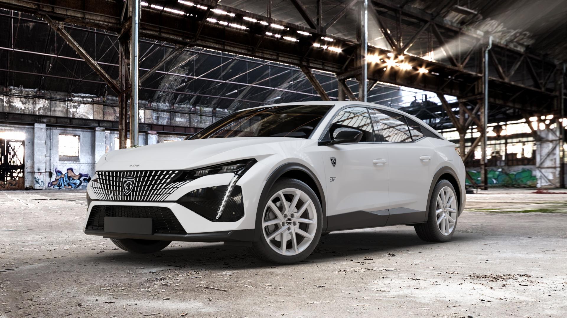 Borbet N crystal silver Felge mit Reifen silber in 19Zoll Winterfelge Alufelge auf weissem Peugeot 408 Typ F ⬇️ mit 15mm Tieferlegung ⬇️ Old Industrial Hall_max_5300mm_2024 Frontansicht_1