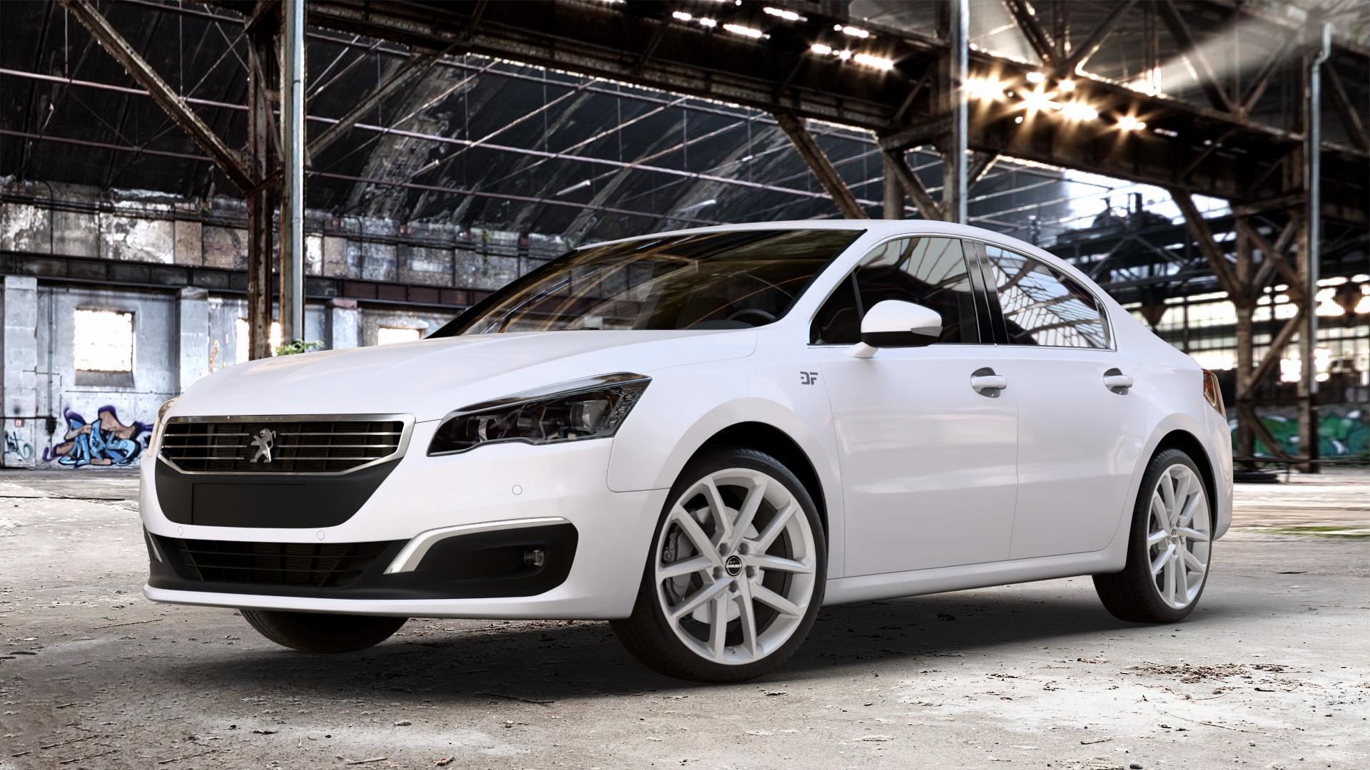 Borbet N crystal silver Felge mit Reifen silber in 19Zoll Winterfelge Alufelge auf weissem Peugeot 508 Typ 8 Limousine Facelift ⬇️ mit 15mm Tieferlegung ⬇️ Old Industrial Hall_max_4400mm_2024 Frontansicht_1