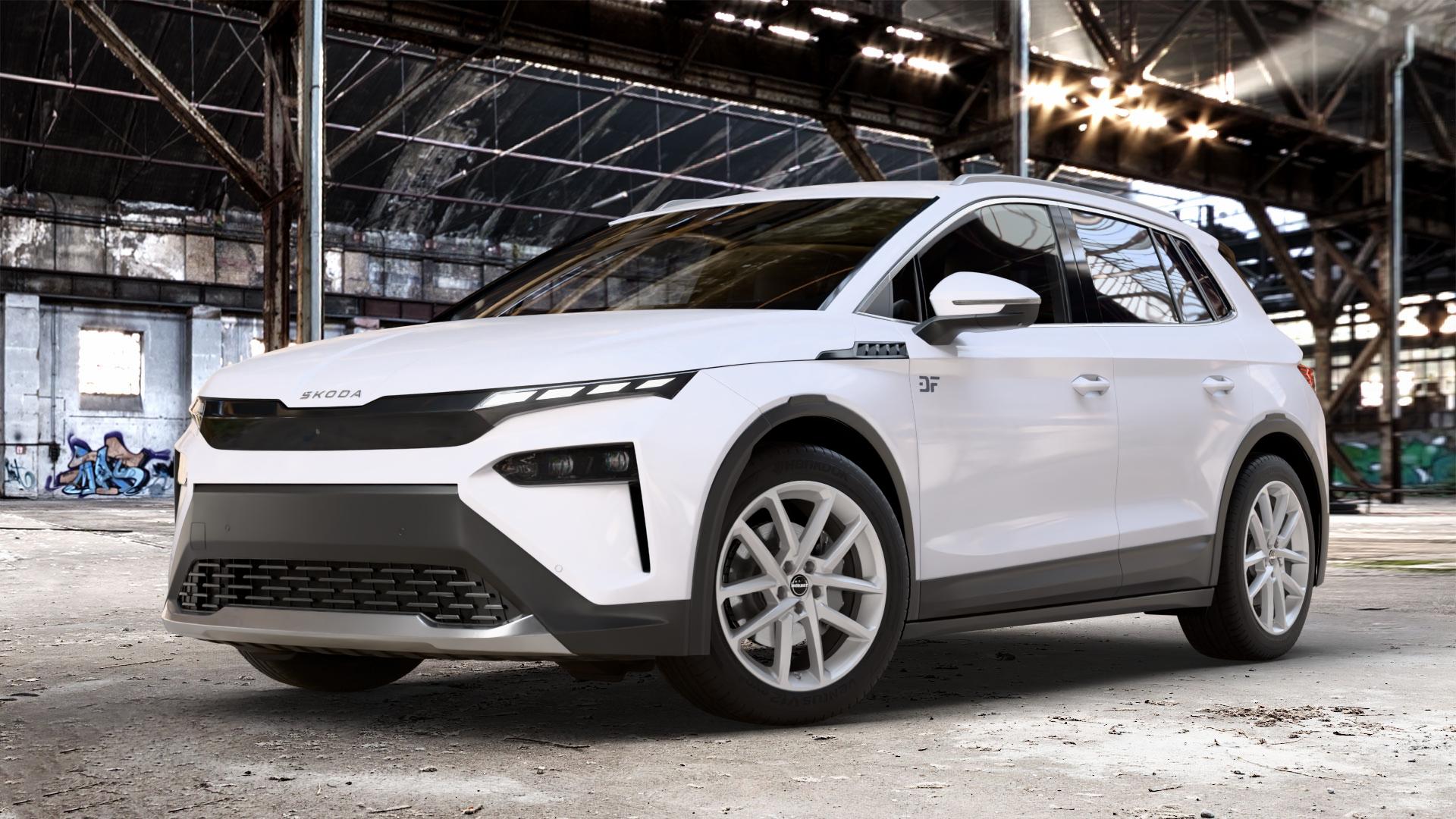 Borbet N crystal silver Felge mit Reifen silber in 19Zoll Winterfelge Alufelge auf weissem Skoda Elroq Typ NY 0,0l 89kW 85 (121 PS) 70kW 60 (95 50 ⬇️ mit 15mm Tieferlegung ⬇️ Old Industrial Hall_max_4400mm_2024 Frontansicht_1