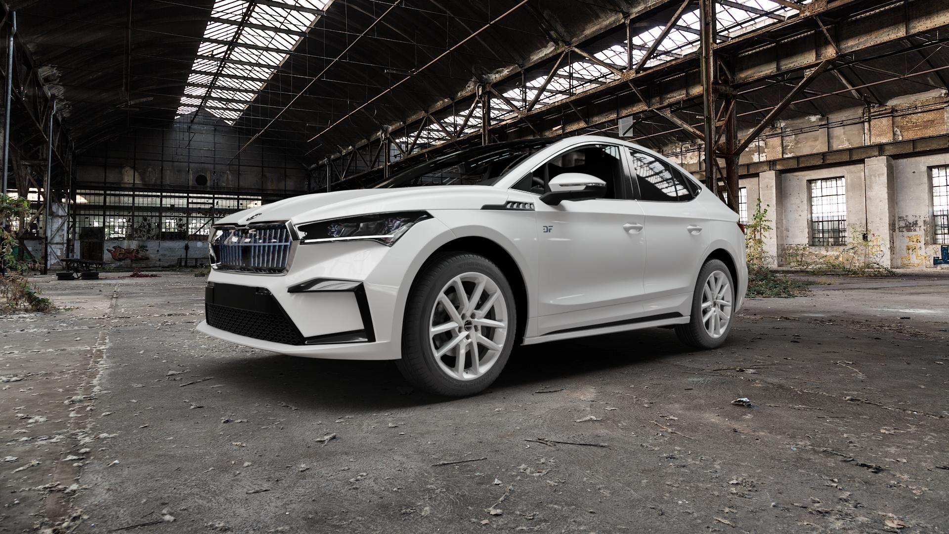 Borbet N crystal silver Felge mit Reifen silber in 19Zoll Winterfelge Alufelge auf weissem Skoda Enyaq Coupe iV Typ NY 0,0l 70kW 80 Coupé (95 PS) 77kW 80x (105 ⬇️ mit 15mm Tieferlegung ⬇️ Old Industrial Hall_max5000mm_2022 Frontansicht_1