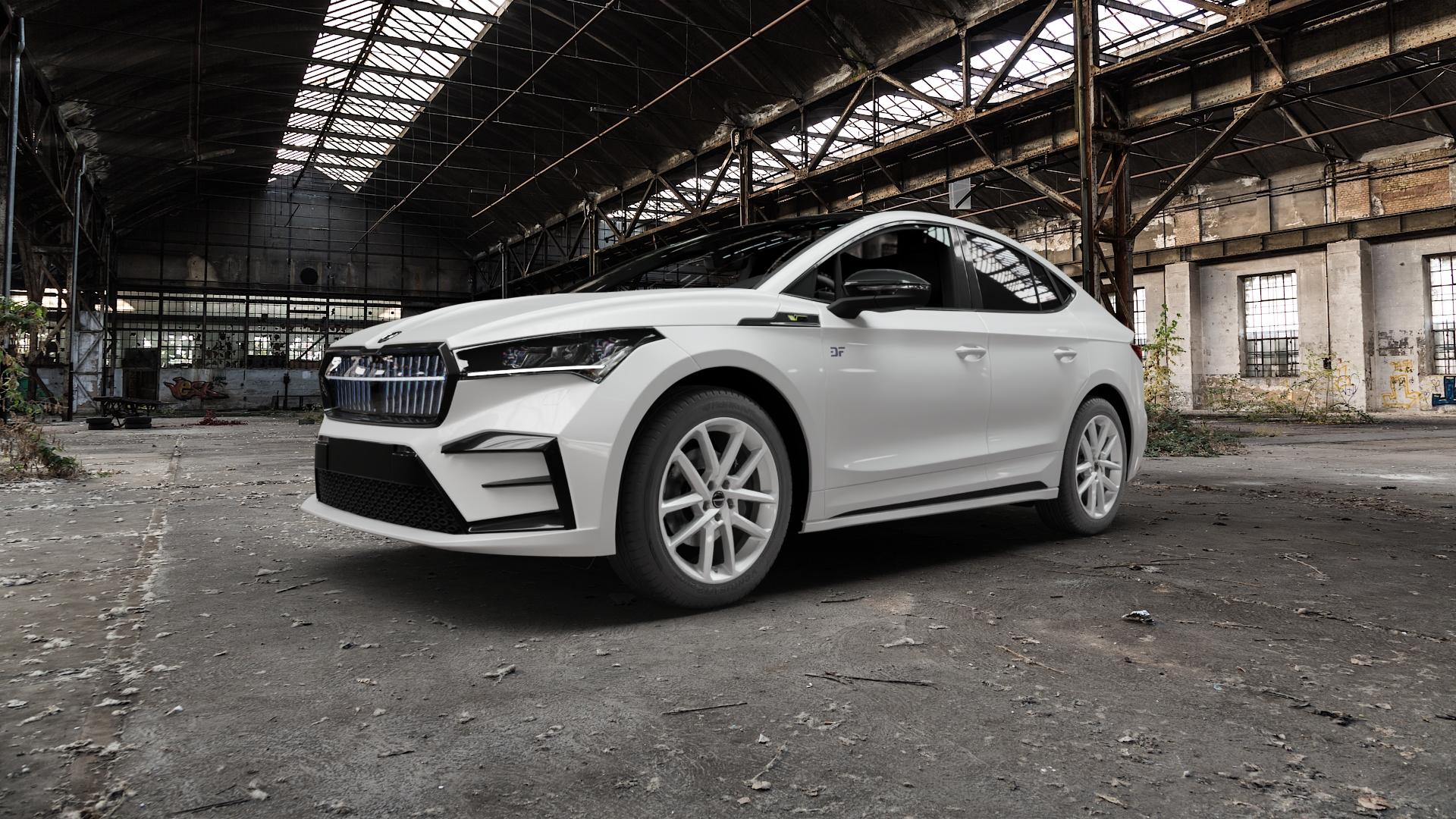 Borbet N crystal silver Felge mit Reifen silber in 19Zoll Winterfelge Alufelge auf weissem Skoda Enyaq Coupe iV Typ NY 0,0l 89kW 85 Coupé (121 PS) 77kW 85X (105 RS ⬇️ mit 15mm Tieferlegung ⬇️ Old Industrial Hall_max5000mm_2022 Frontansicht_1