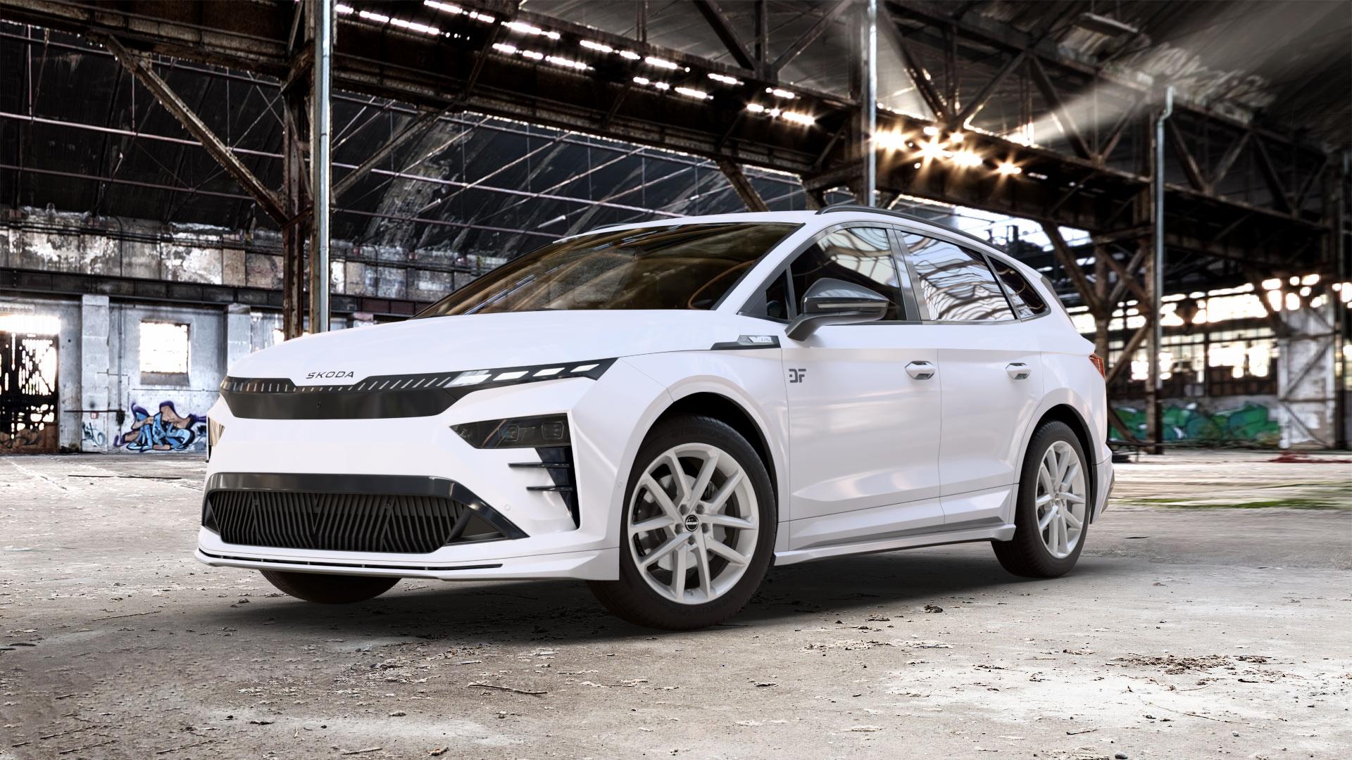 Borbet N crystal silver Felge mit Reifen silber in 19Zoll Winterfelge Alufelge auf weissem Skoda Enyaq iV Typ NY Facelift 0,0l 77kW RS (105 PS) ⬇️ mit 15mm Tieferlegung ⬇️ Old Industrial Hall_max_5300mm_2024 Frontansicht_1