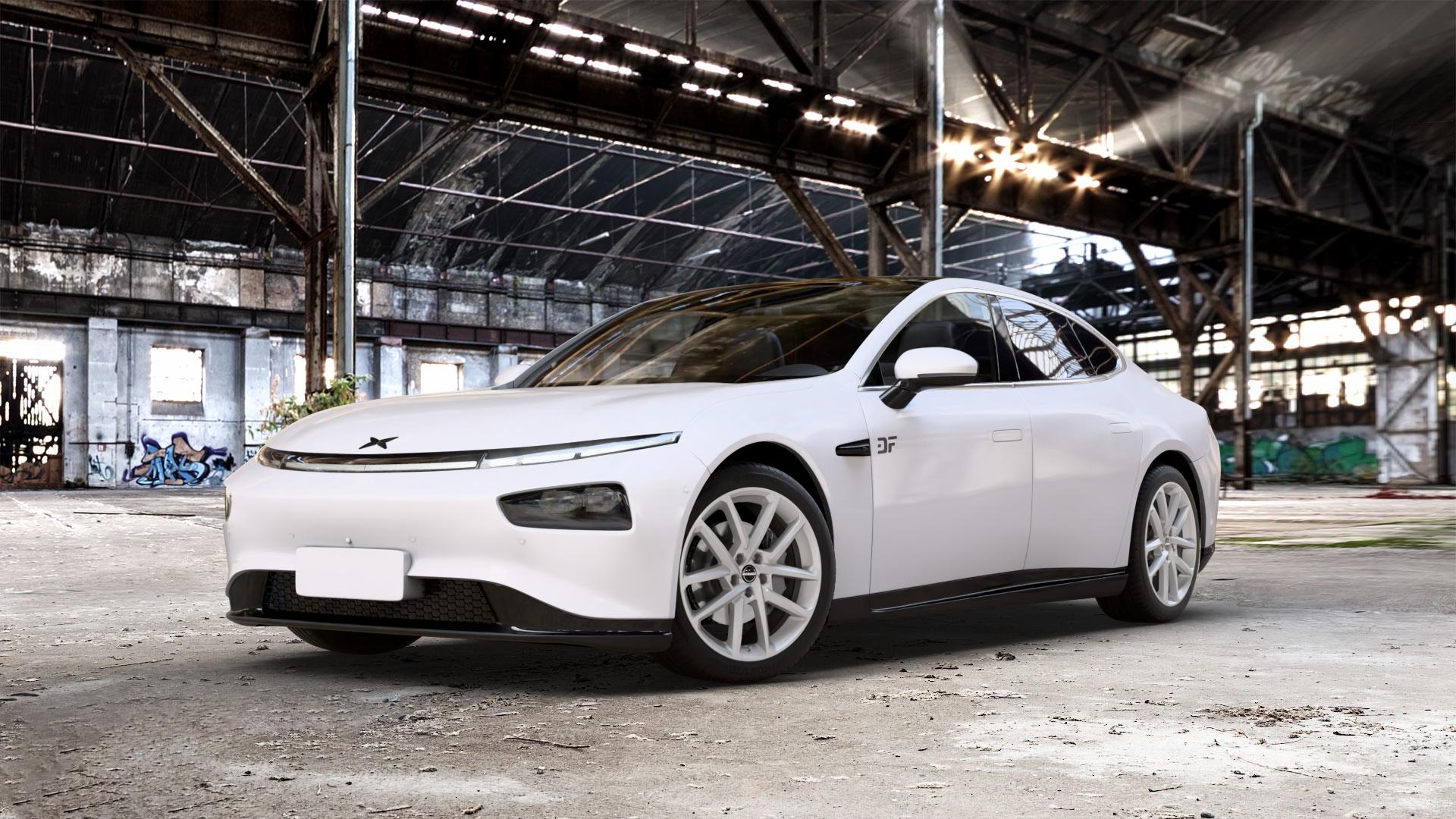 Borbet N crystal silver Felge mit Reifen silber in 19Zoll Winterfelge Alufelge auf weissem Xpeng P7 Typ P7B 0,0l 80kW (109 PS) 100kW AWD (136 124kW (169 ⬇️ mit 15mm Tieferlegung ⬇️ Old Industrial Hall_max_5300mm_2024 Frontansicht_1