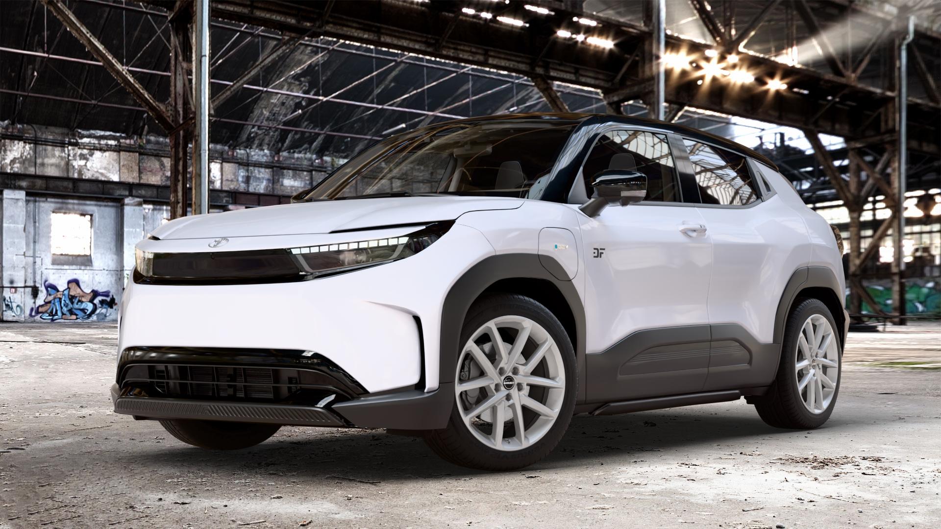 Borbet N crystal silver Felge mit Reifen silber in 19Zoll Winterfelge Alufelge auf weissen Toyota Urban Cruiser Typ BP ⬇️ mit 15mm Tieferlegung ⬇️ Old Industrial Hall_max_4400mm_2024 Frontansicht_1