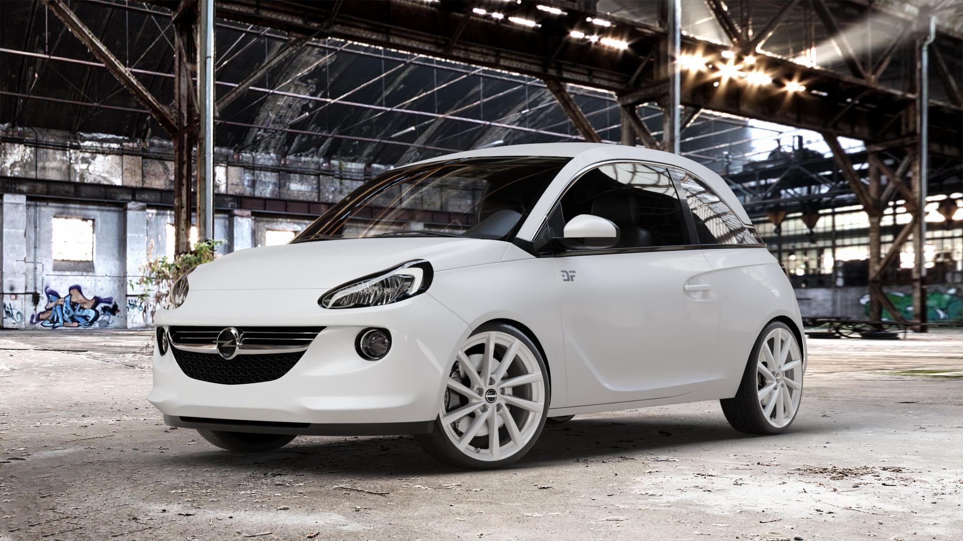 Borbet V crystal silver Felge mit Reifen silber in 18Zoll Winterfelge Alufelge auf weissem Opel Adam ⬇️ mit 15mm Tieferlegung ⬇️ Old Industrial Hall_max_4400mm_2024 Frontansicht_1