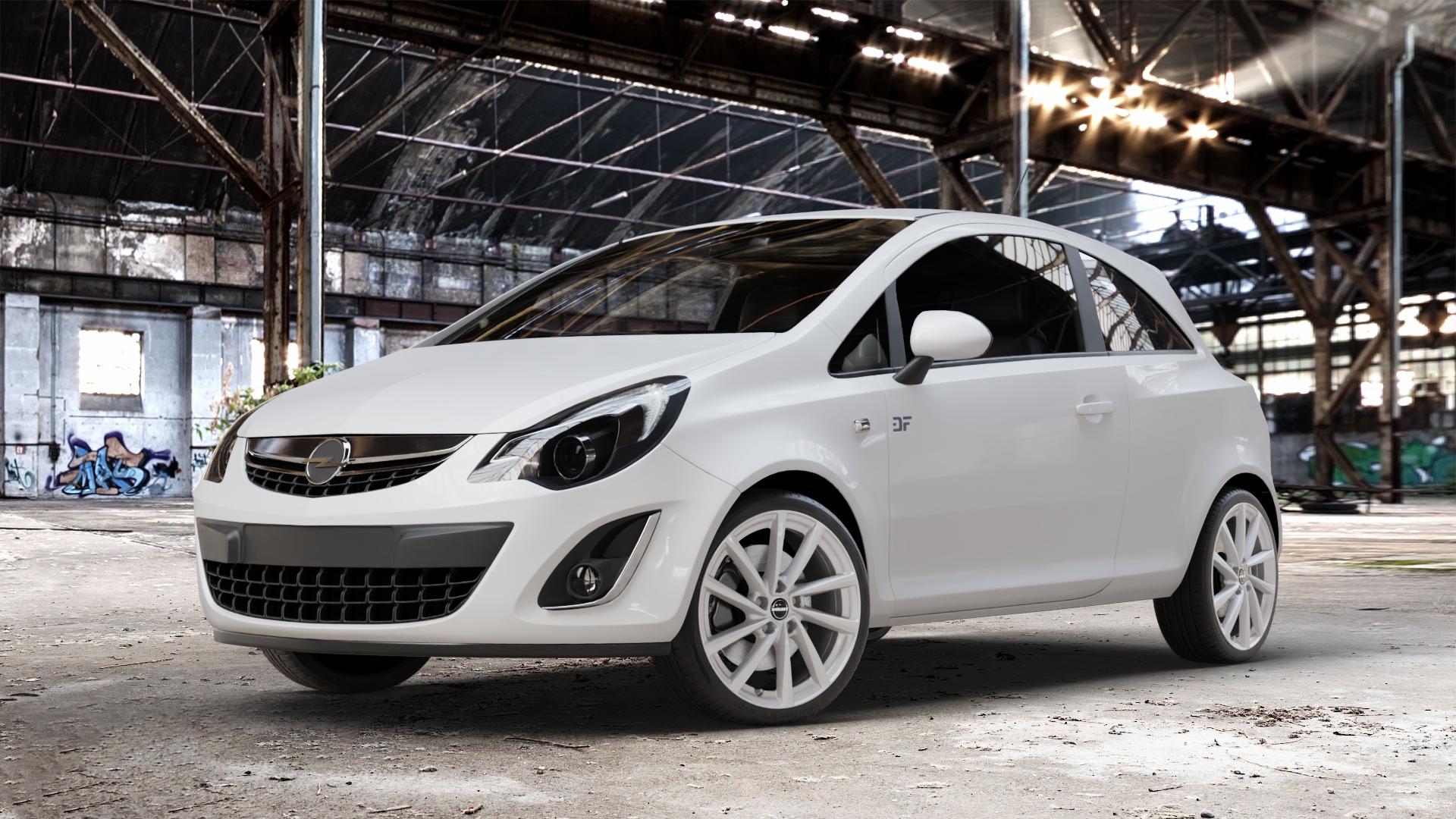 Borbet V crystal silver Felge mit Reifen silber in 18Zoll Winterfelge Alufelge auf weissem Opel Corsa D Typ S-D Facelift ⬇️ mit 15mm Tieferlegung ⬇️ Old Industrial Hall_max_4400mm_2024 Frontansicht_1