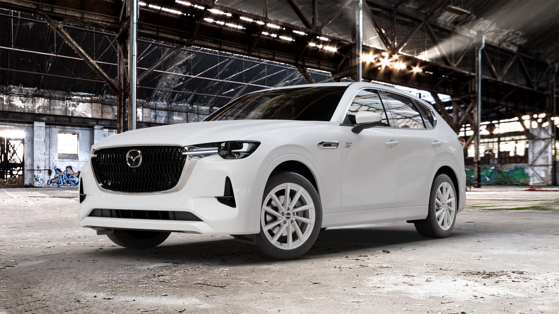 Borbet V crystal silver Felge mit Reifen silber in 19Zoll Winterfelge Alufelge auf weissem Mazda CX-60 Typ KH01 CX ⬇️ mit 15mm Tieferlegung ⬇️ Old Industrial Hall_max_5300mm_2024 Frontansicht_1