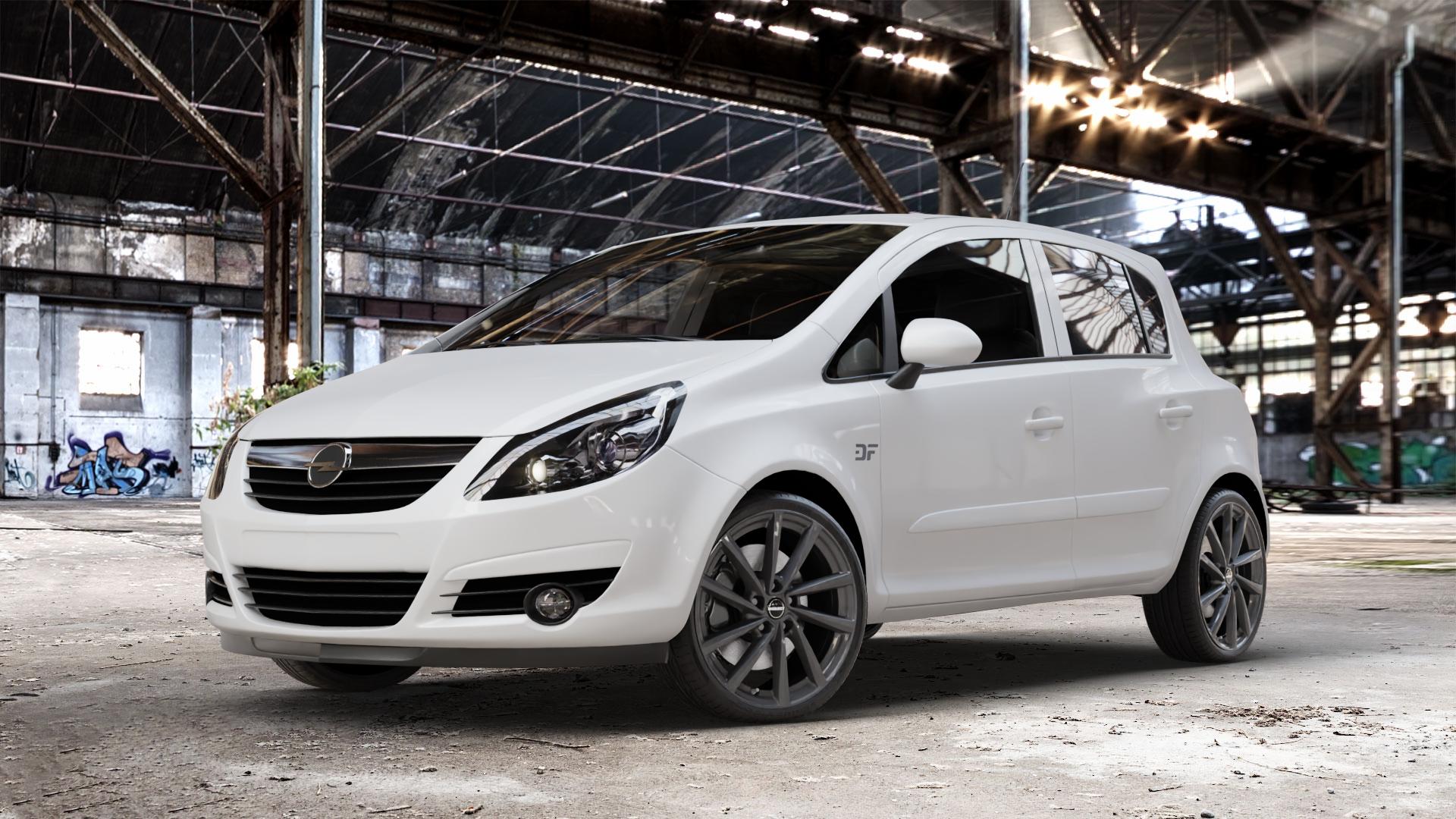 Borbet V mistral anthracite glossy Felge mit Reifen grau in 18Zoll Winterfelge Alufelge auf weissem Opel Corsa D Typ S-D ⬇️ mit 15mm Tieferlegung ⬇️ Old Industrial Hall_max_4400mm_2024 Frontansicht_1