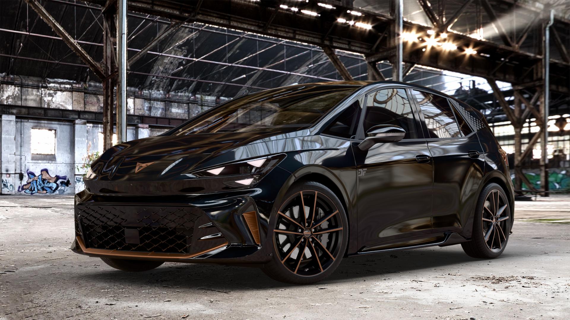 Borbet W black copper polished matt Felge mit Reifen schwarz in 20Zoll Winterfelge Alufelge auf metallic schwarzem Cupra Born Facelift Typ K1 ⬇️ mit 15mm Tieferlegung ⬇️ Old Industrial Hall_max_4400mm_2024 Frontansicht_1