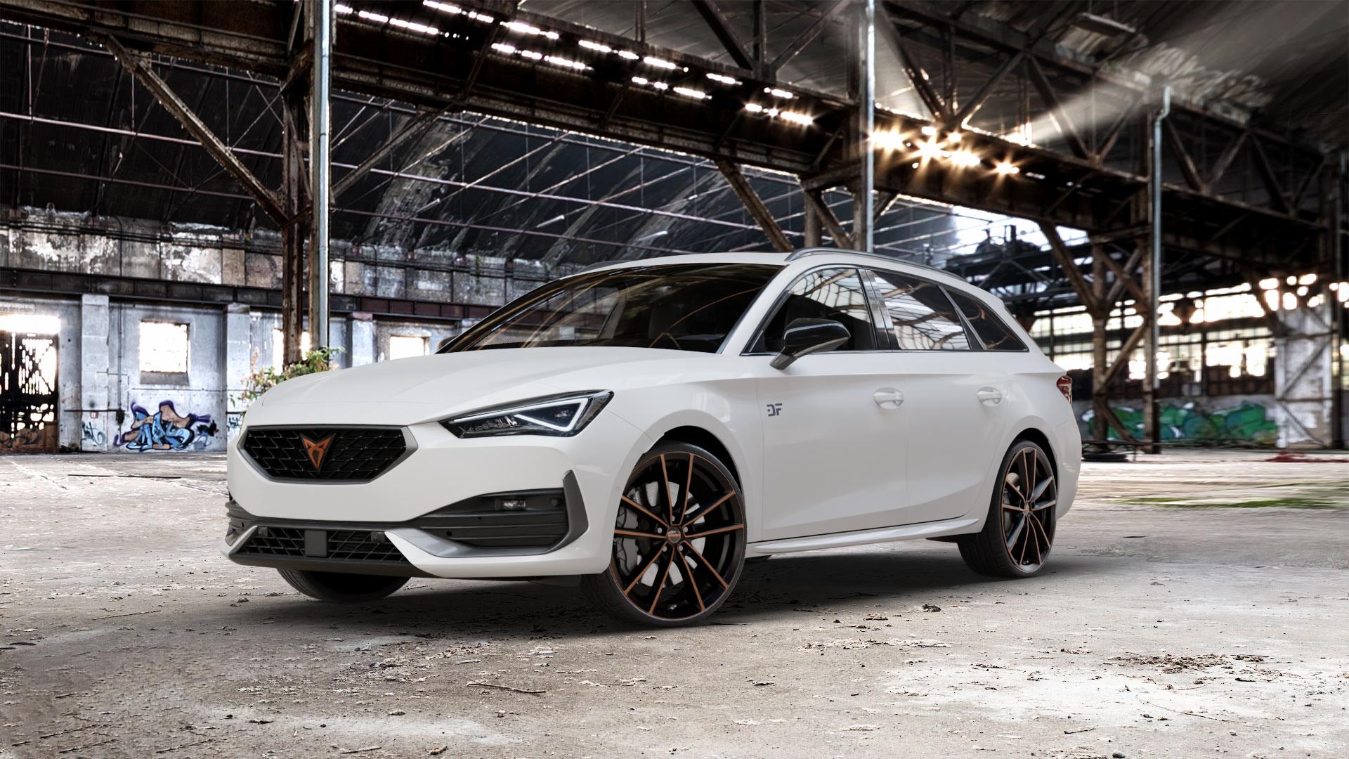 Borbet W black copper polished matt Felge mit Reifen schwarz in 20Zoll Winterfelge Alufelge auf weissem Cupra Leon Typ KL ST ⬇️ mit 15mm Tieferlegung ⬇️ Old Industrial Hall_max_5300mm_2024 Frontansicht_1