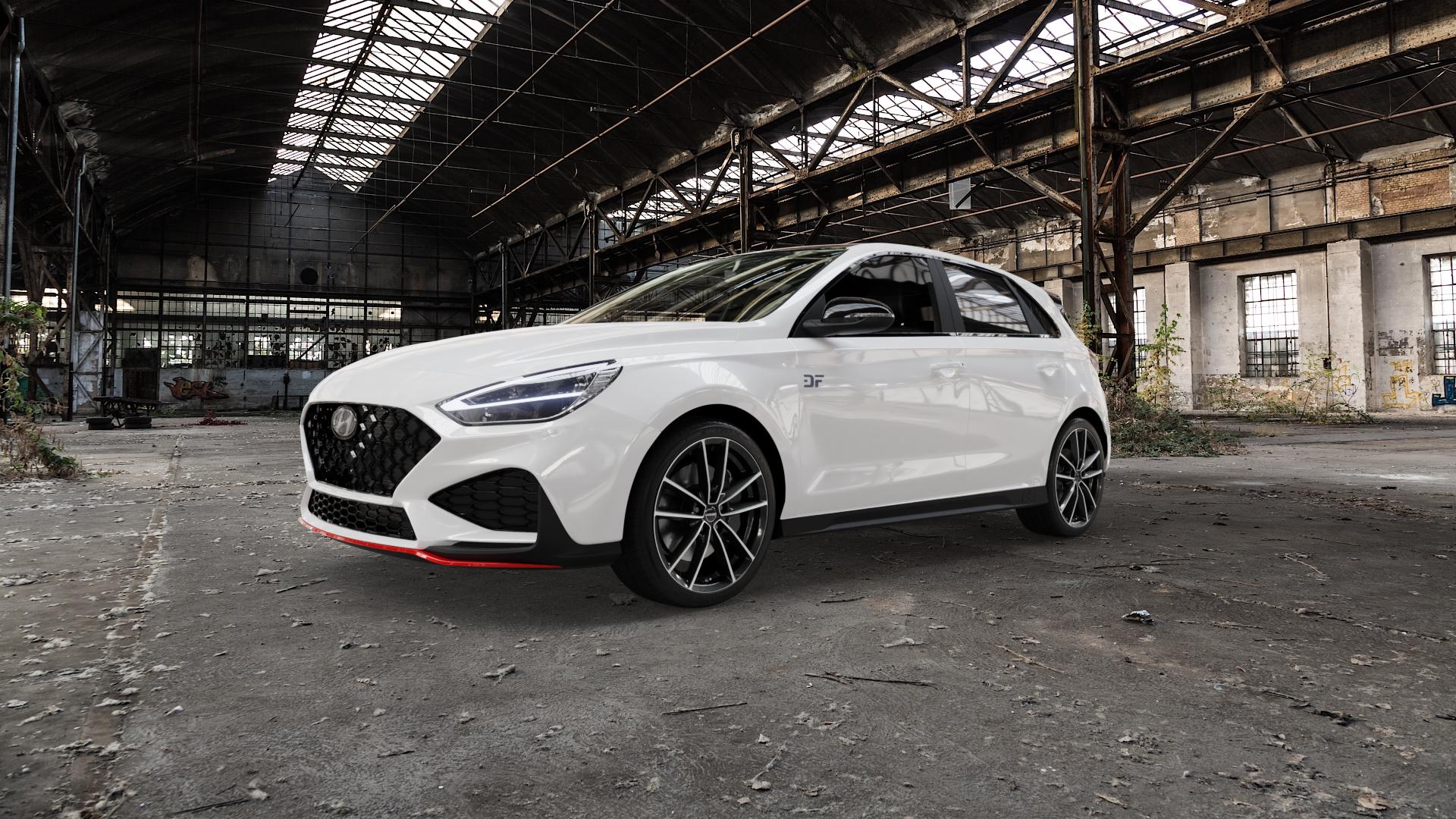 Borbet W black polished glossy Felge mit Reifen schwarz in 18Zoll Alufelge auf weissem Hyundai i30 Typ PDE Facelift 2,0l T-GDI 206kW N (280 PS) ⬇️ mit 15mm Tieferlegung ⬇️ Old Industrial Hall_max5000mm_2022 Frontansicht_1
