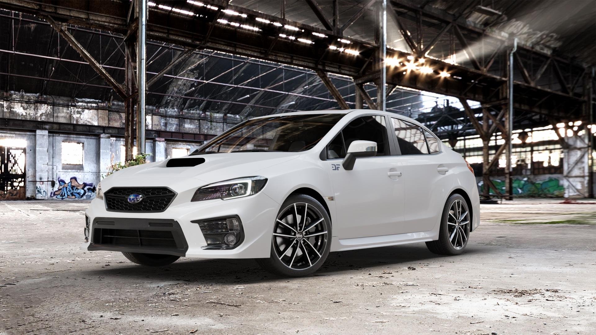 Borbet W black polished glossy Felge mit Reifen schwarz in 18Zoll Alufelge auf weissem Subaru WRX Typ V1 Model 2018 ⬇️ mit 15mm Tieferlegung ⬇️ Old Industrial Hall_max_5300mm_2024 Frontansicht_1