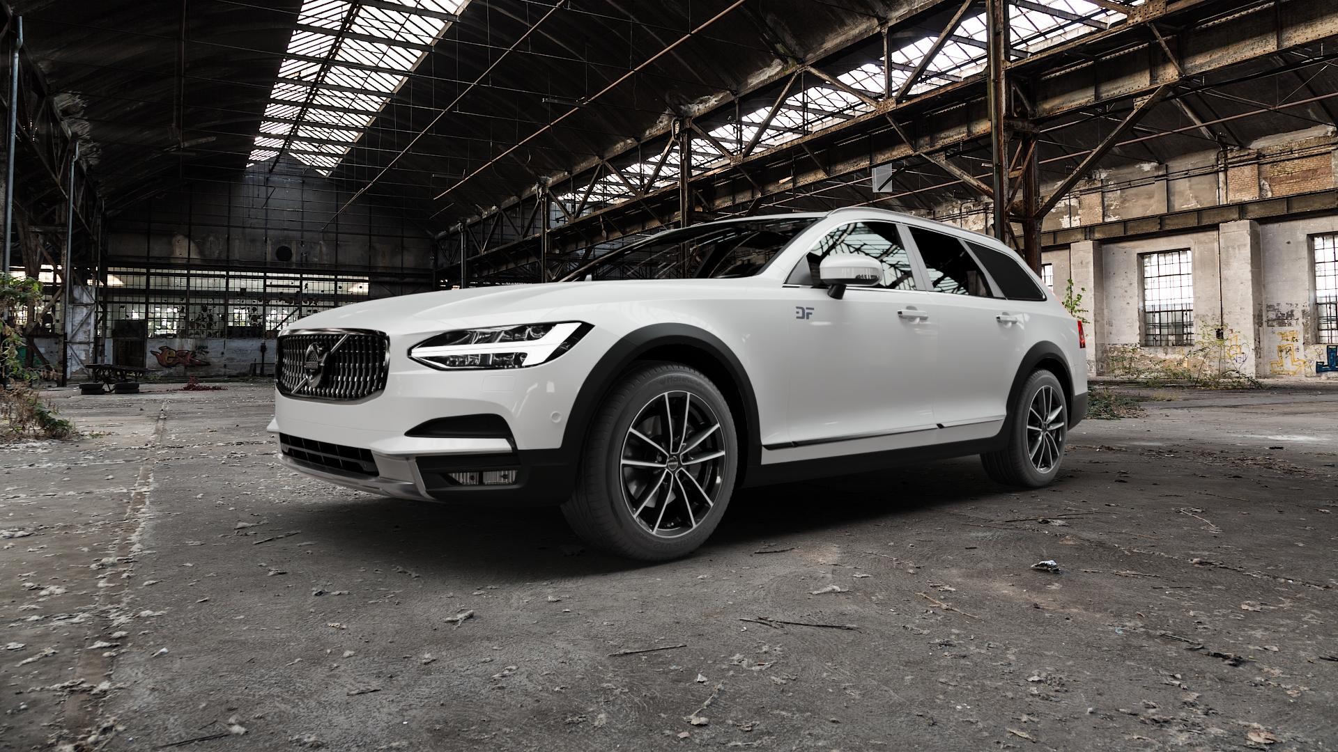 Borbet W black polished glossy Felge mit Reifen schwarz in 18Zoll Alufelge auf weissem Volvo V90 II Cross Country Typ P ⬇️ mit 15mm Tieferlegung ⬇️ Old Industrial Hall_max5000mm_2022 Frontansicht_1