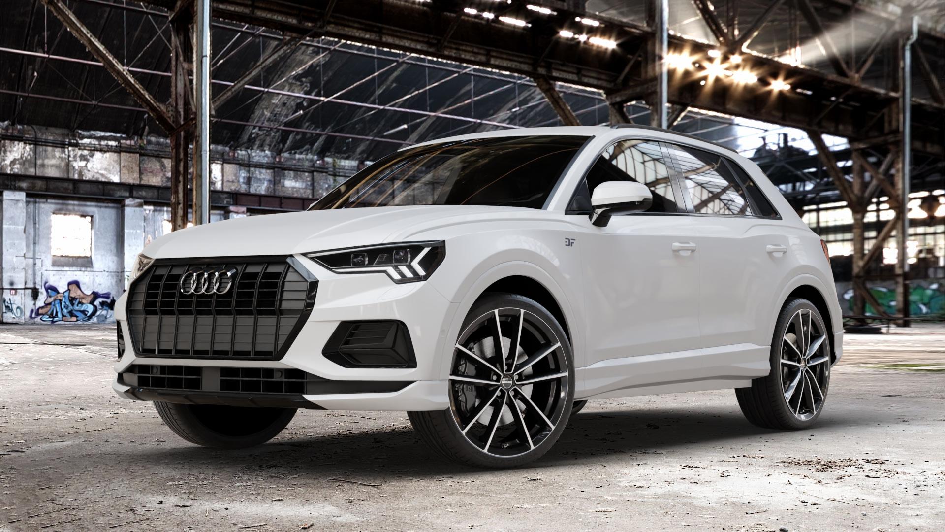 Borbet W black polished glossy Felge mit Reifen schwarz in 21Zoll Alufelge auf weissem Audi Q3 II Typ F3 ⬇️ mit 15mm Tieferlegung ⬇️ Old Industrial Hall_max_4400mm_2024 Frontansicht_1