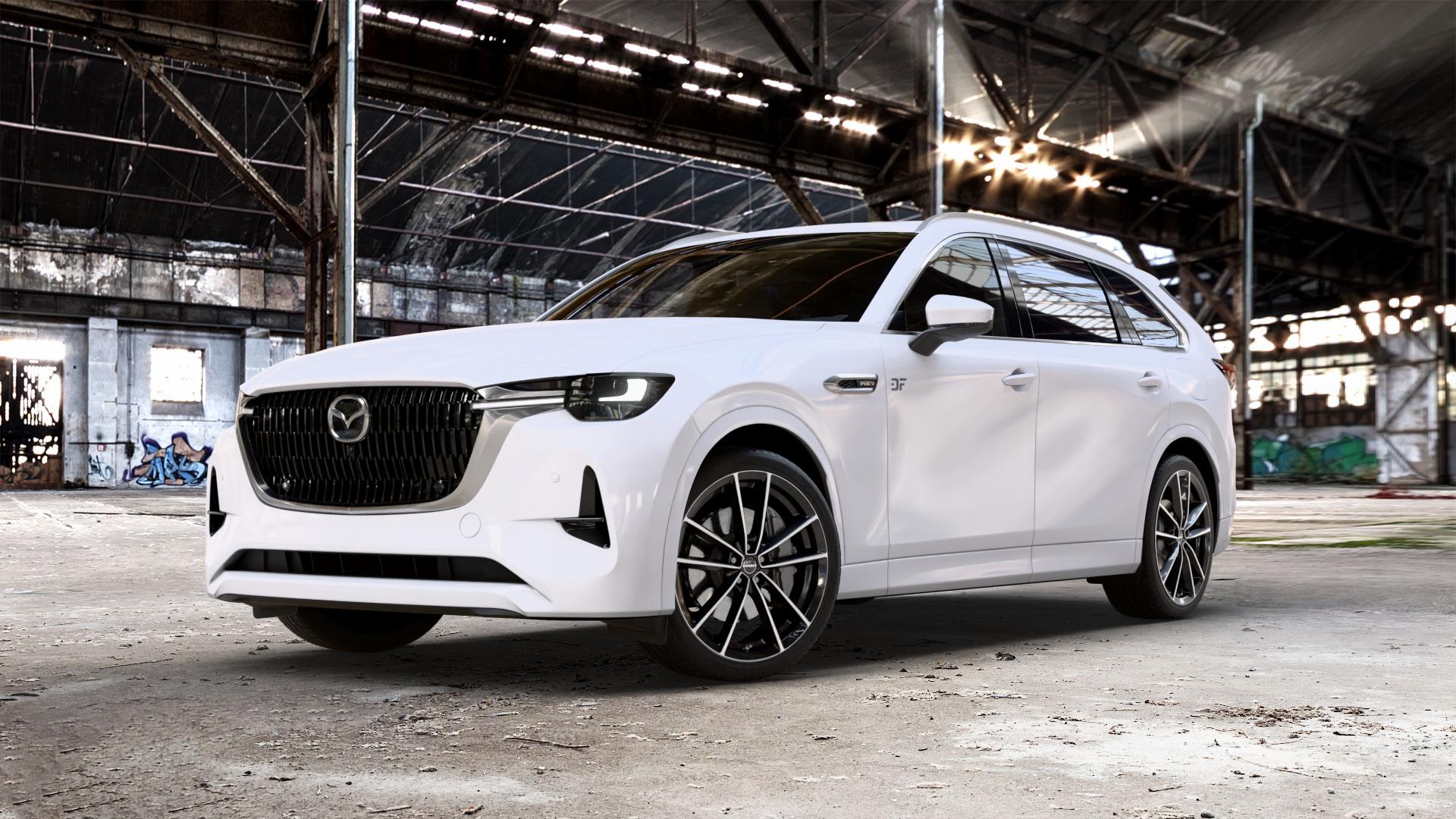 Borbet W black polished glossy Felge mit Reifen schwarz in 21Zoll Alufelge auf weissem Mazda CX-80 Typ KL01 ⬇️ mit 15mm Tieferlegung ⬇️ Old Industrial Hall_max_5300mm_2024 Frontansicht_1