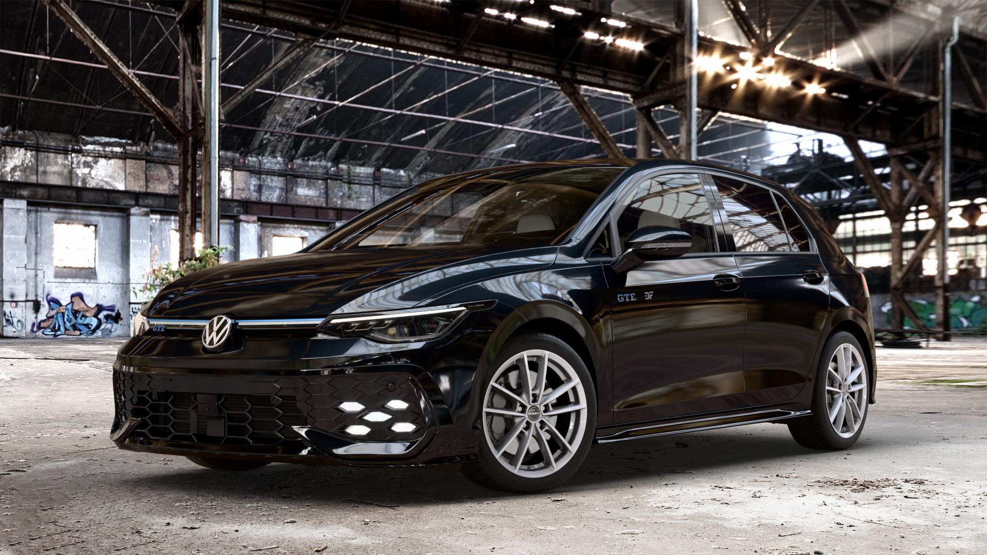 Borbet W crystal silver Felge mit Reifen silber in 17Zoll Winterfelge Alufelge auf schwarzem Volkswagen (VW) Golf 8 Facelift 1,5l TSI GTE 130kW Hybrid (177 PS) ⬇️ mit 15mm Tieferlegung ⬇️ Old Industrial Hall_max_4400mm_2024 Frontansicht_1