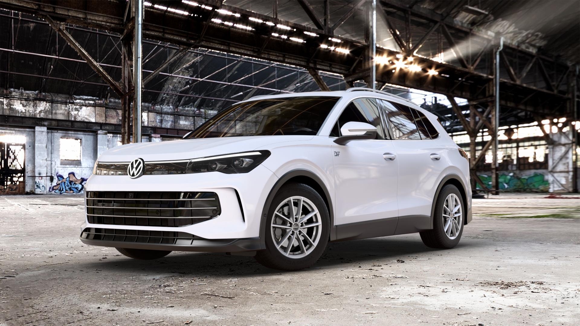 Borbet W crystal silver Felge mit Reifen silber in 17Zoll Winterfelge Alufelge auf weissem Volkswagen (VW) Tiguan III Typ CT ⬇️ mit 15mm Tieferlegung ⬇️ Old Industrial Hall_max_5300mm_2024 Frontansicht_1