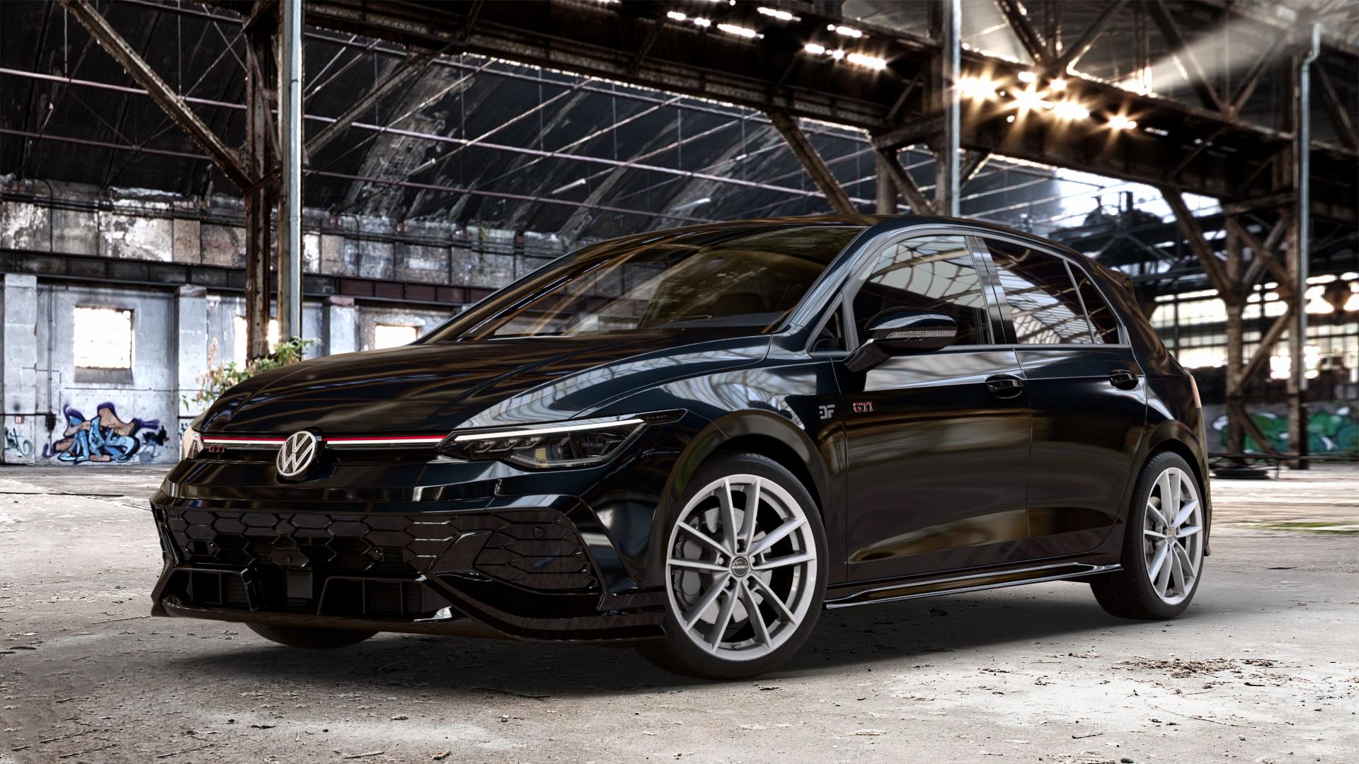 Borbet W crystal silver Felge mit Reifen silber in 18Zoll Winterfelge Alufelge auf schwarzem Volkswagen (VW) Golf 8 Facelift 2,0l GTI Clubsport 221kW (300 PS) ⬇️ mit 15mm Tieferlegung ⬇️ Old Industrial Hall_max_4400mm_2024 Frontansicht_1