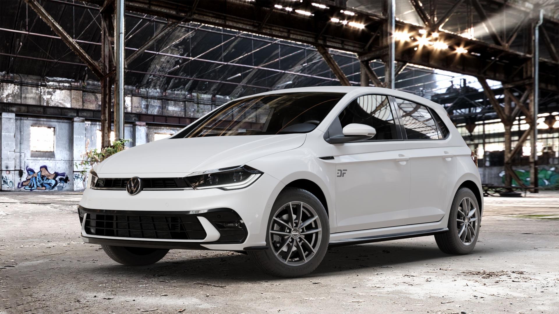 Borbet W mistral anthracite glossy Felge mit Reifen grau in 15Zoll Winterfelge Alufelge auf weissem Volkswagen (VW) Polo VI Typ AW Facelift 1,0l TGI 66kW (90 PS) TSI 81kW (110 70kW (95 MPI 59kW (80 ⬇️ mit 15mm Tieferlegung ⬇️ Old Industrial Hall_max_4400mm_2024 Frontansicht_1