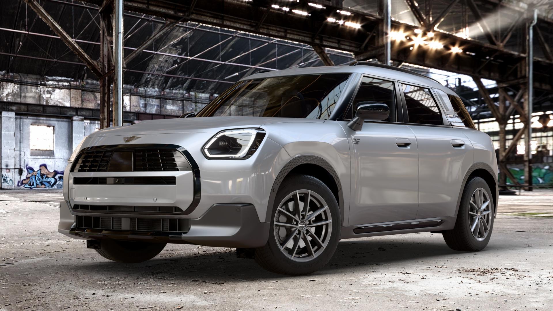 Borbet W mistral anthracite glossy Felge mit Reifen grau in 17Zoll Winterfelge Alufelge auf metallic silbernem Mini U25 Typ UMX (Countryman) 1,5l C 100kW Mild-Hybrid (136 PS) 115kW (156 2,0l JCW ALL4 221kW (300 D 110kW (150 0,0l E 68kW (92 S 150kW (204 SE 104kW ⬇️ mit 15mm Tieferlegung ⬇️ Old Industrial Hall_max_4400mm_2024 Frontansicht_1