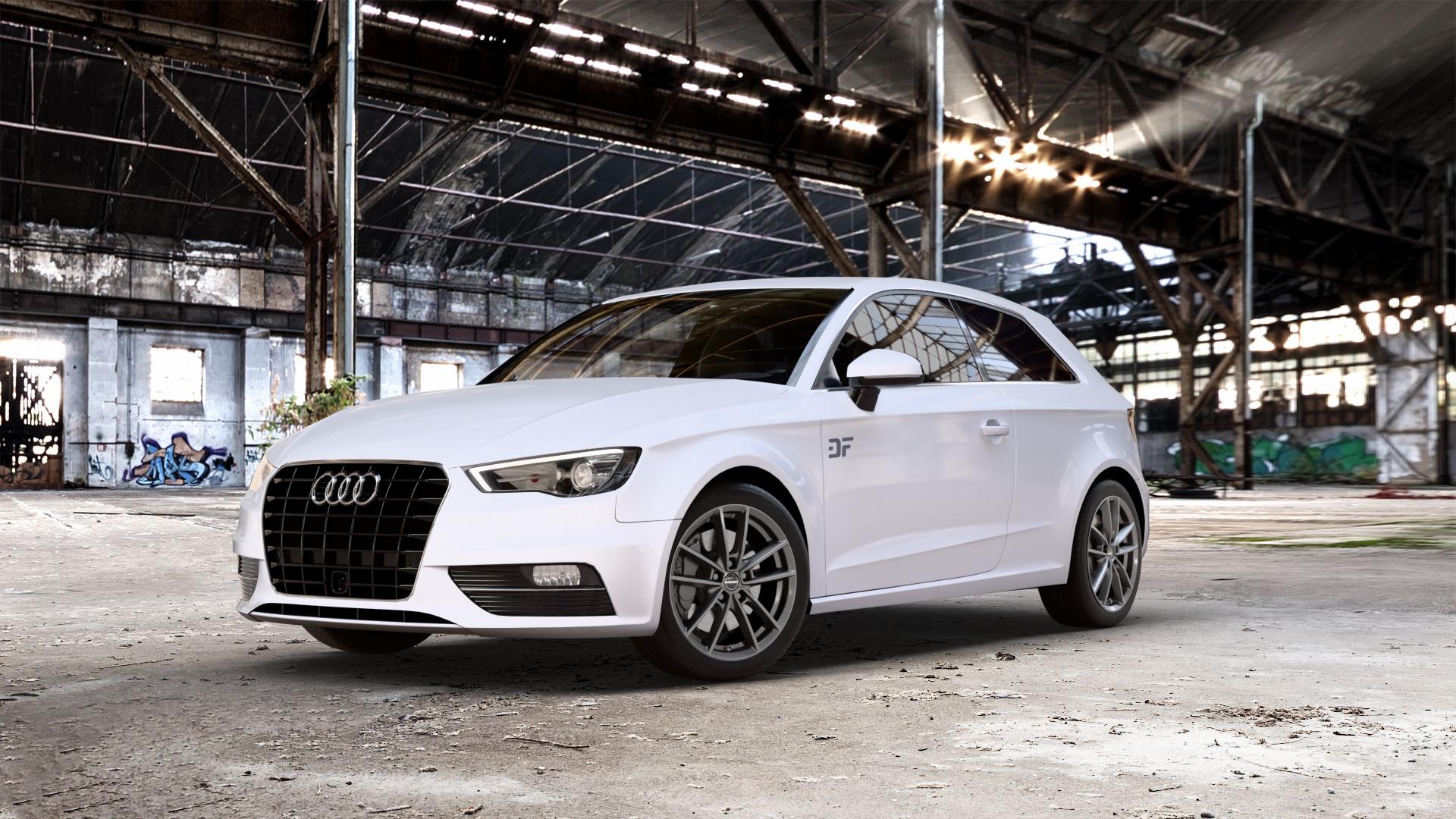 Borbet W mistral anthracite glossy Felge mit Reifen grau in 17Zoll Winterfelge Alufelge auf weissem Audi A3 Typ 8V ⬇️ mit 15mm Tieferlegung ⬇️ Old Industrial Hall_max_5300mm_2024 Frontansicht_1