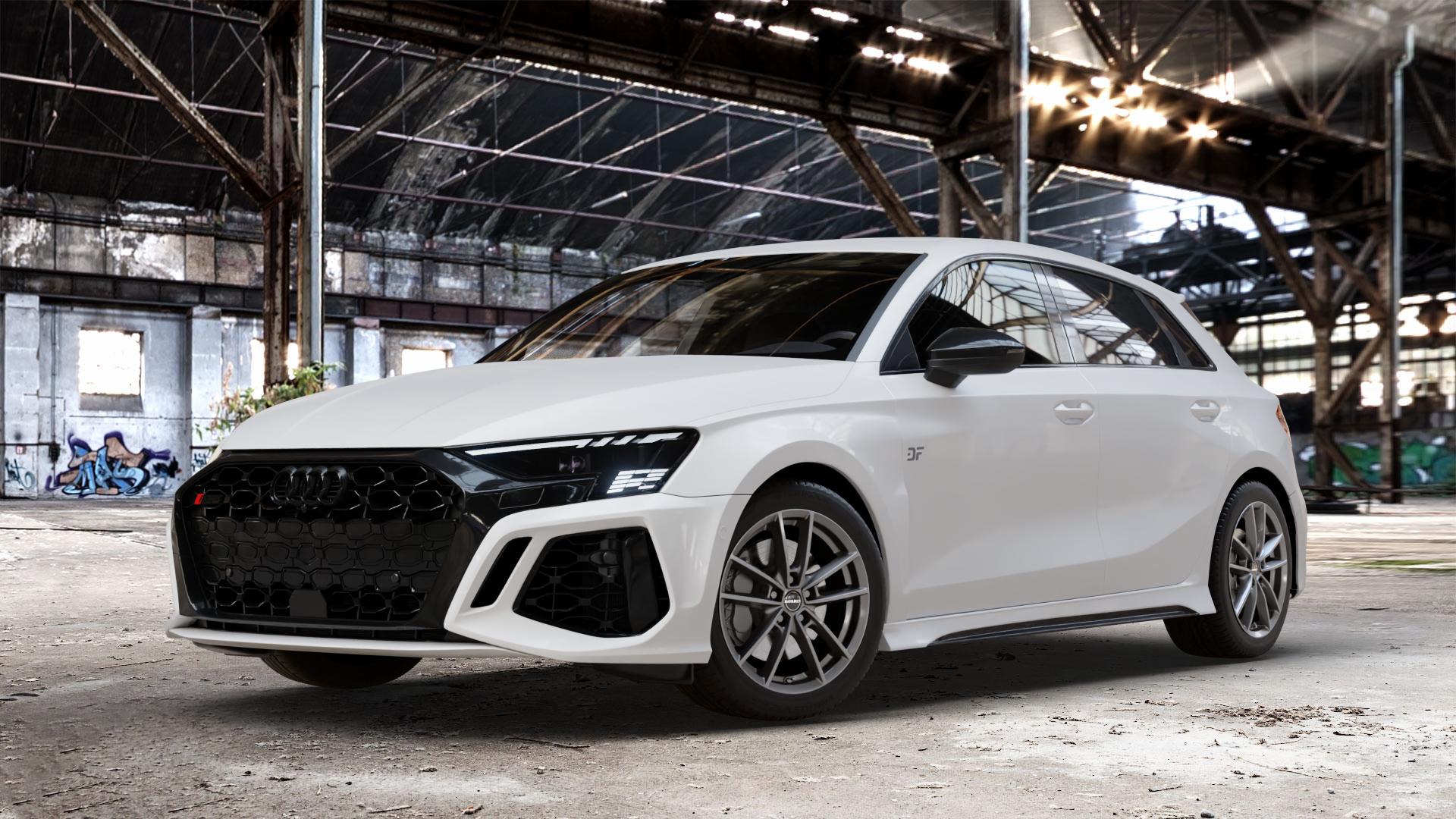 Borbet W mistral anthracite glossy Felge mit Reifen grau in 17Zoll Winterfelge Alufelge auf weissem Audi A3 Typ GY (Sportback) 2,5l TFSI quattro 294kW RS3 (400 PS) 299kW (407 ⬇️ mit 15mm Tieferlegung ⬇️ Old Industrial Hall_max_4400mm_2024 Frontansicht_1