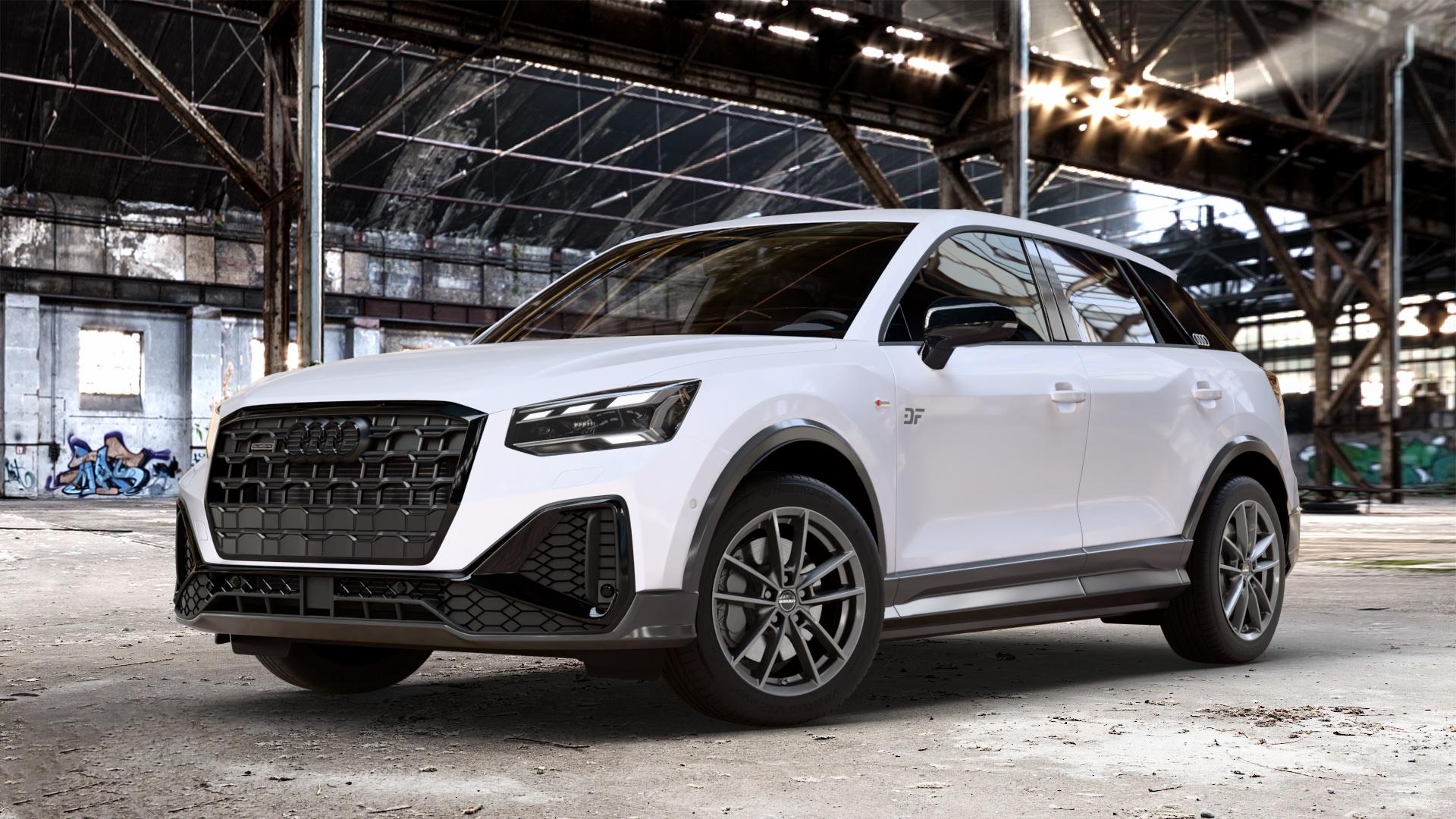 Borbet W mistral anthracite glossy Felge mit Reifen grau in 17Zoll Winterfelge Alufelge auf weißem Audi Q2 Typ GA Facelift ⬇️ mit 15mm Tieferlegung ⬇️ Old Industrial Hall_max_4400mm_2024 Frontansicht_1
