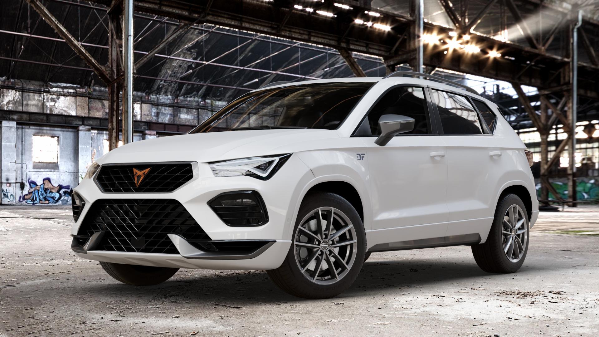 Borbet W mistral anthracite glossy Felge mit Reifen grau in 17Zoll Winterfelge Alufelge auf weissem Cupra Ateca Typ 5FP Facelift ⬇️ mit 15mm Tieferlegung ⬇️ Old Industrial Hall_max_4400mm_2024 Frontansicht_1