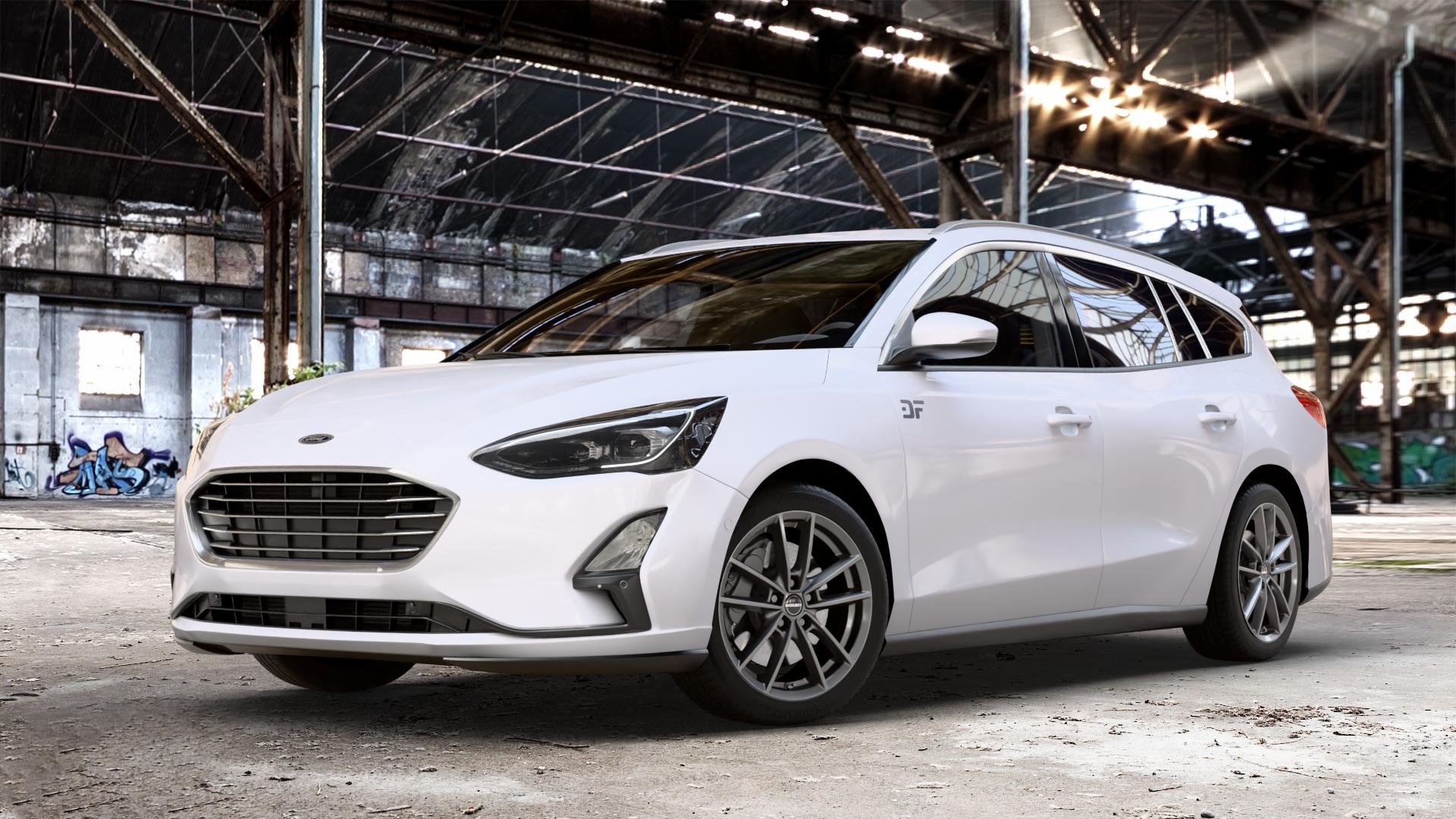 Borbet W mistral anthracite glossy Felge mit Reifen grau in 17Zoll Winterfelge Alufelge auf weissem Ford Focus IV Typ DEH (Turnier) ⬇️ mit 15mm Tieferlegung ⬇️ Old Industrial Hall_max_4400mm_2024 Frontansicht_1