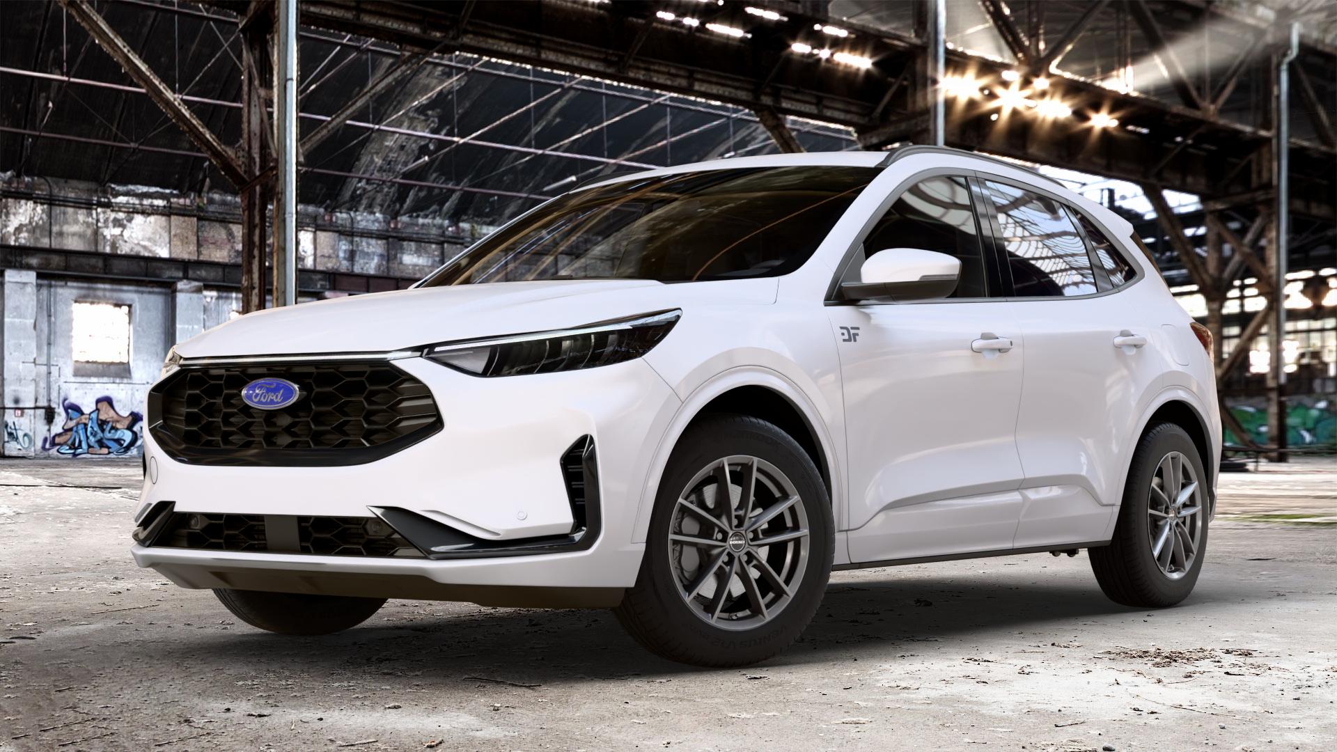 Borbet W mistral anthracite glossy Felge mit Reifen grau in 17Zoll Winterfelge Alufelge auf weissem Ford Kuga III Typ DFK Facelift ⬇️ mit 15mm Tieferlegung ⬇️ Old Industrial Hall_max_4400mm_2024 Frontansicht_1