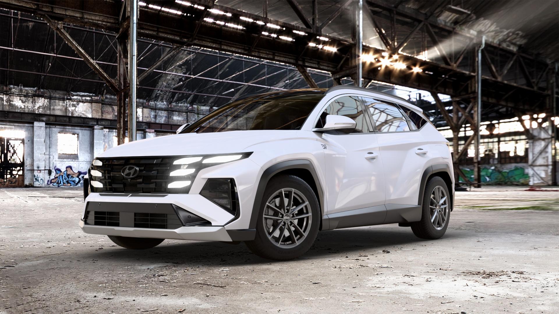 Borbet W mistral anthracite glossy Felge mit Reifen grau in 17Zoll Winterfelge Alufelge auf weissem Hyundai Tucson III Typ NX4e Facelift ⬇️ mit 15mm Tieferlegung ⬇️ Old Industrial Hall_max_5300mm_2024 Frontansicht_1