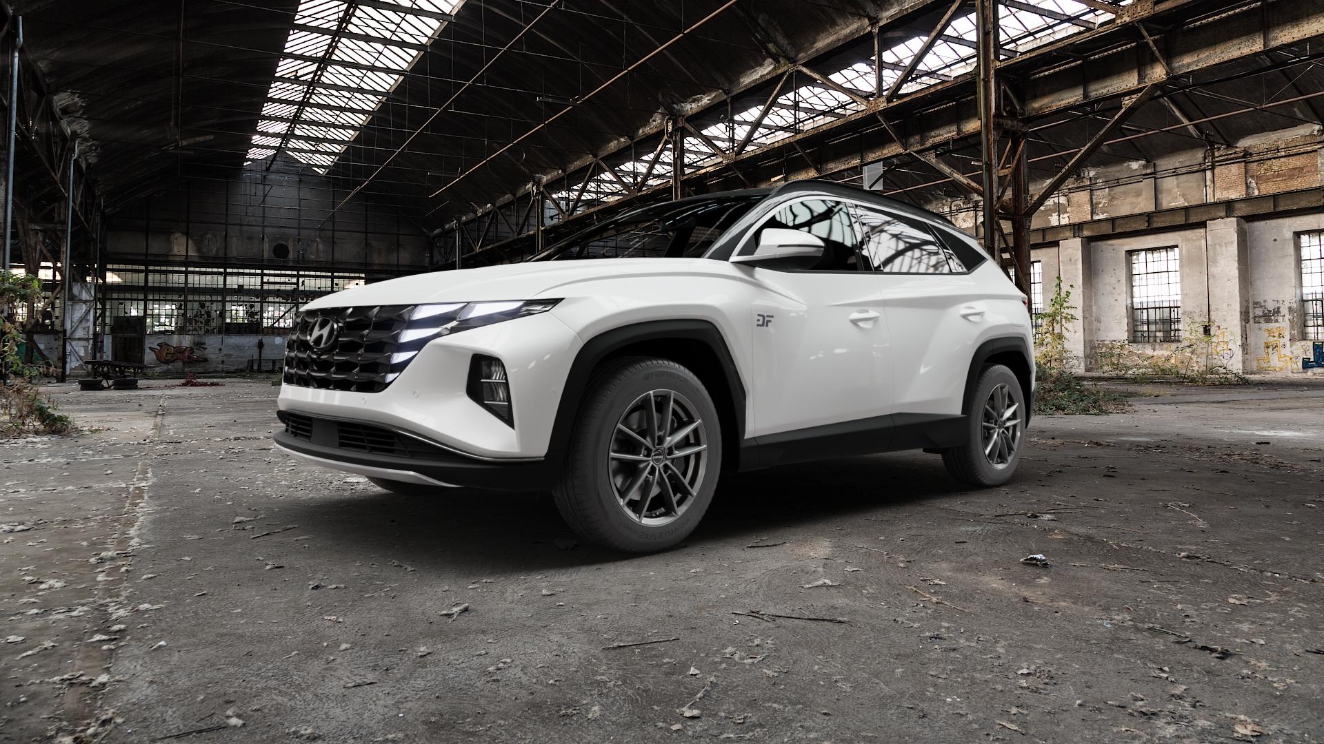 Borbet W mistral anthracite glossy Felge mit Reifen grau in 17Zoll Winterfelge Alufelge auf weissem Hyundai Tucson III Typ NX4e ⬇️ mit 15mm Tieferlegung ⬇️ Old Industrial Hall_max5000mm_2022 Frontansicht_1