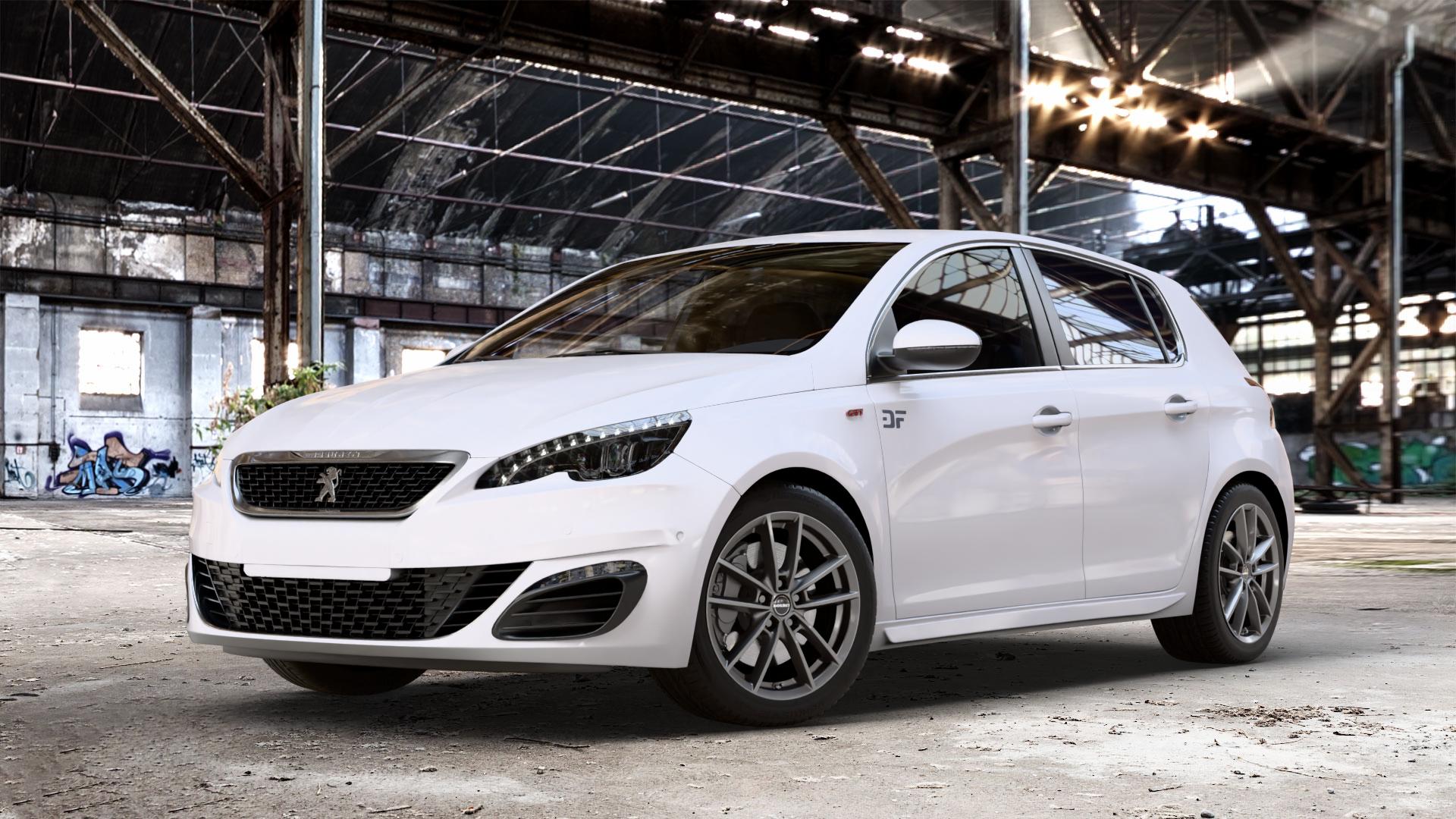 Borbet W mistral anthracite glossy Felge mit Reifen grau in 17Zoll Winterfelge Alufelge auf weissem Peugeot 308 II Typ L Facelift ⬇️ mit 15mm Tieferlegung ⬇️ Old Industrial Hall_max_4400mm_2024 Frontansicht_1