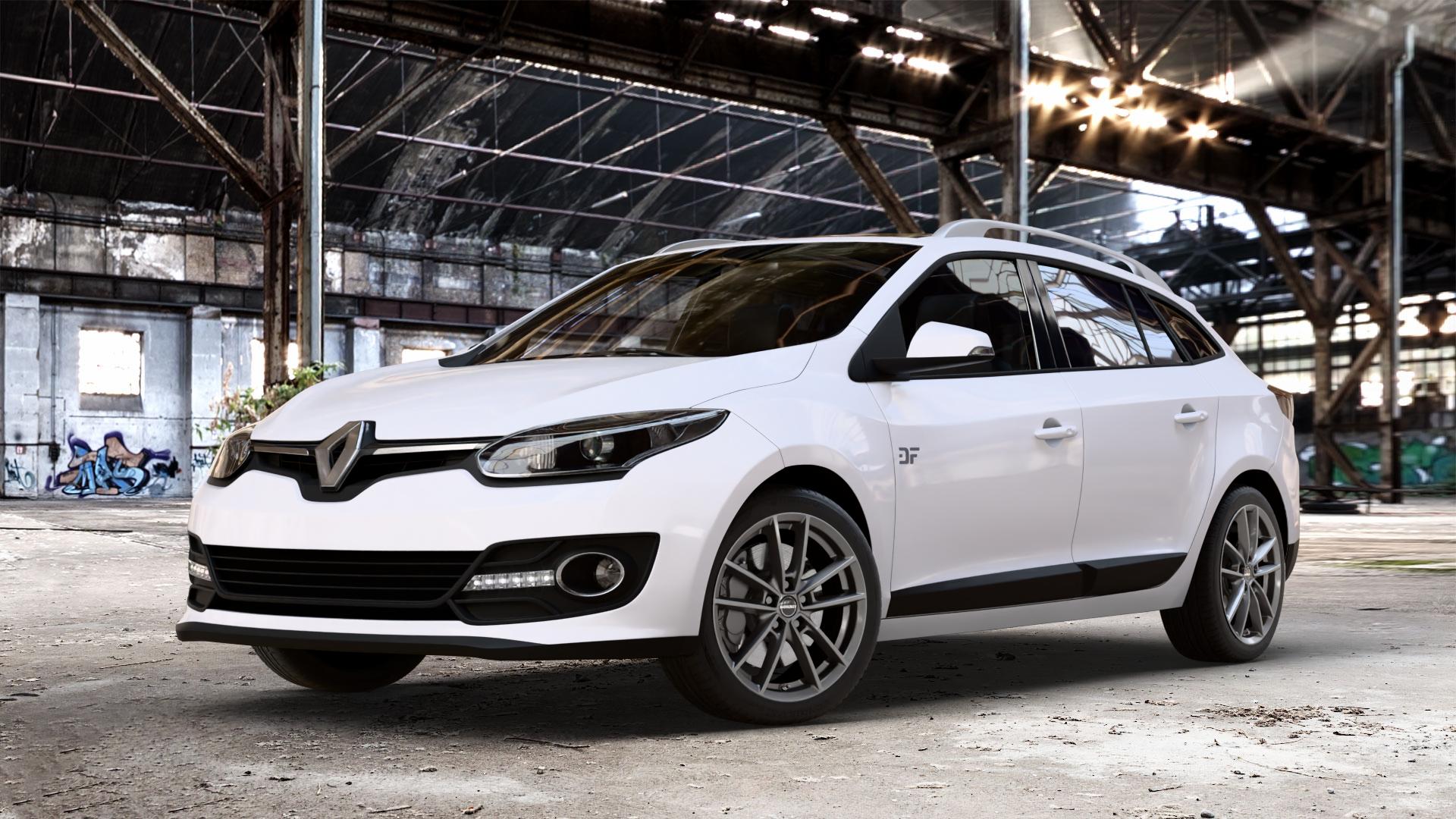 Borbet W mistral anthracite glossy Felge mit Reifen grau in 17Zoll Winterfelge Alufelge auf weissem Renault Megane III Grandtour Typ Z ⬇️ mit 15mm Tieferlegung ⬇️ Old Industrial Hall_max_4400mm_2024 Frontansicht_1