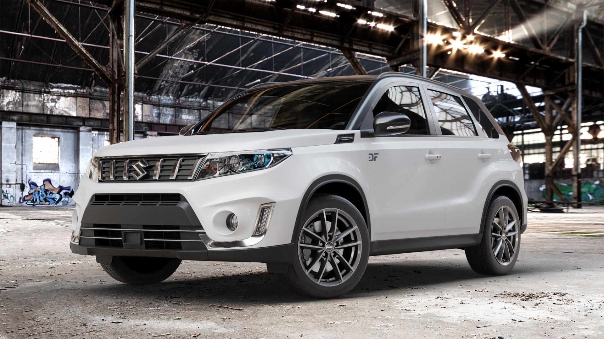 Borbet W mistral anthracite glossy Felge mit Reifen grau in 17Zoll Winterfelge Alufelge auf weissem Suzuki Vitara Typ LY 1,4l Turbo 103kW (140 PS) 4WD l kW (0 ⬇️ mit 15mm Tieferlegung ⬇️ Old Industrial Hall_max_4400mm_2024 Frontansicht_1