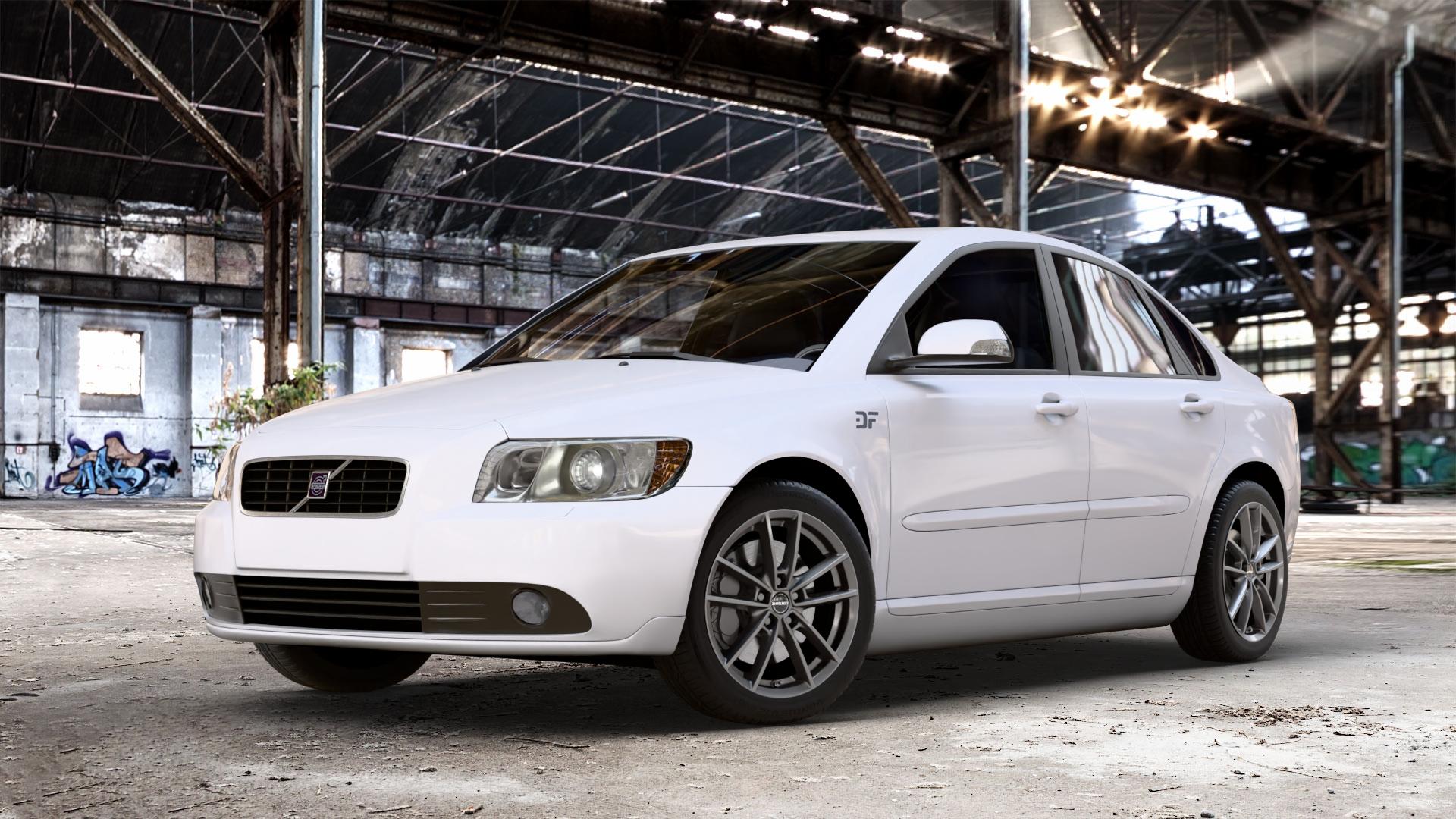 Borbet W mistral anthracite glossy Felge mit Reifen grau in 17Zoll Winterfelge Alufelge auf weissem Volvo S40 II Typ M ⬇️ mit 15mm Tieferlegung ⬇️ Old Industrial Hall_max_4400mm_2024 Frontansicht_1