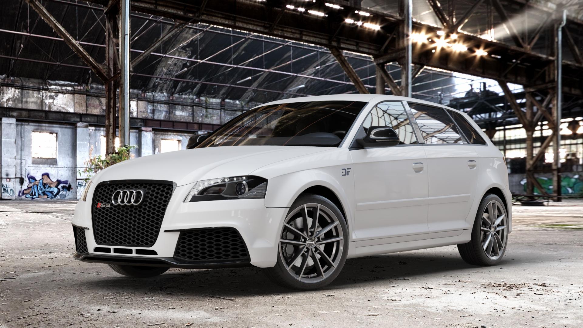 Borbet W mistral anthracite glossy Felge mit Reifen grau in 18Zoll Winterfelge Alufelge auf weissem Audi A3 Typ 8P (Sportback) 2,5l RS3 quattro 250kW (340 PS) ⬇️ mit 15mm Tieferlegung ⬇️ Old Industrial Hall_max_4400mm_2024 Frontansicht_1