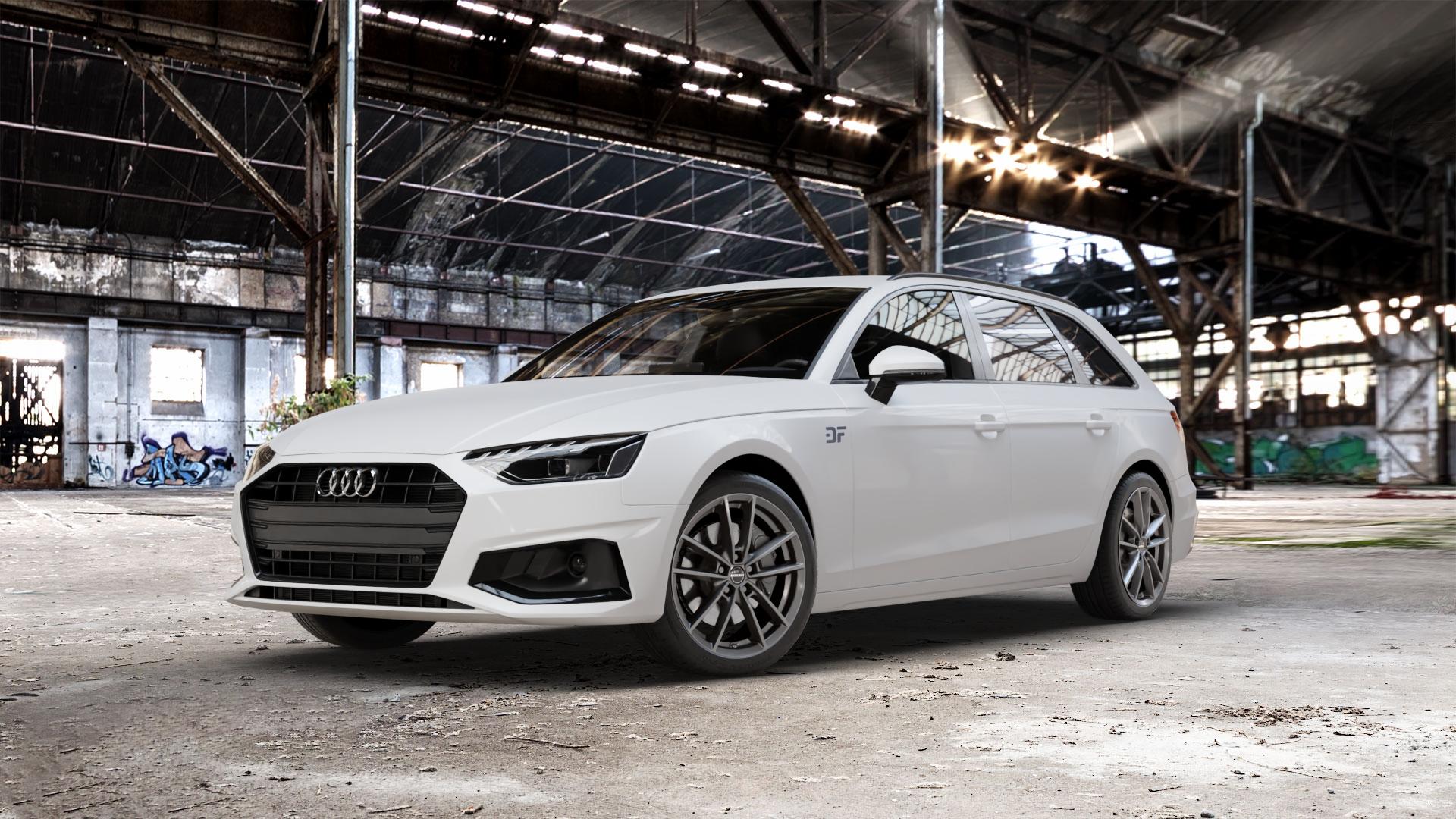 Borbet W mistral anthracite glossy Felge mit Reifen grau in 18Zoll Winterfelge Alufelge auf weissem Audi A4 Typ B9 (Avant) Facelift ⬇️ mit 15mm Tieferlegung ⬇️ Old Industrial Hall_max_5300mm_2024 Frontansicht_1