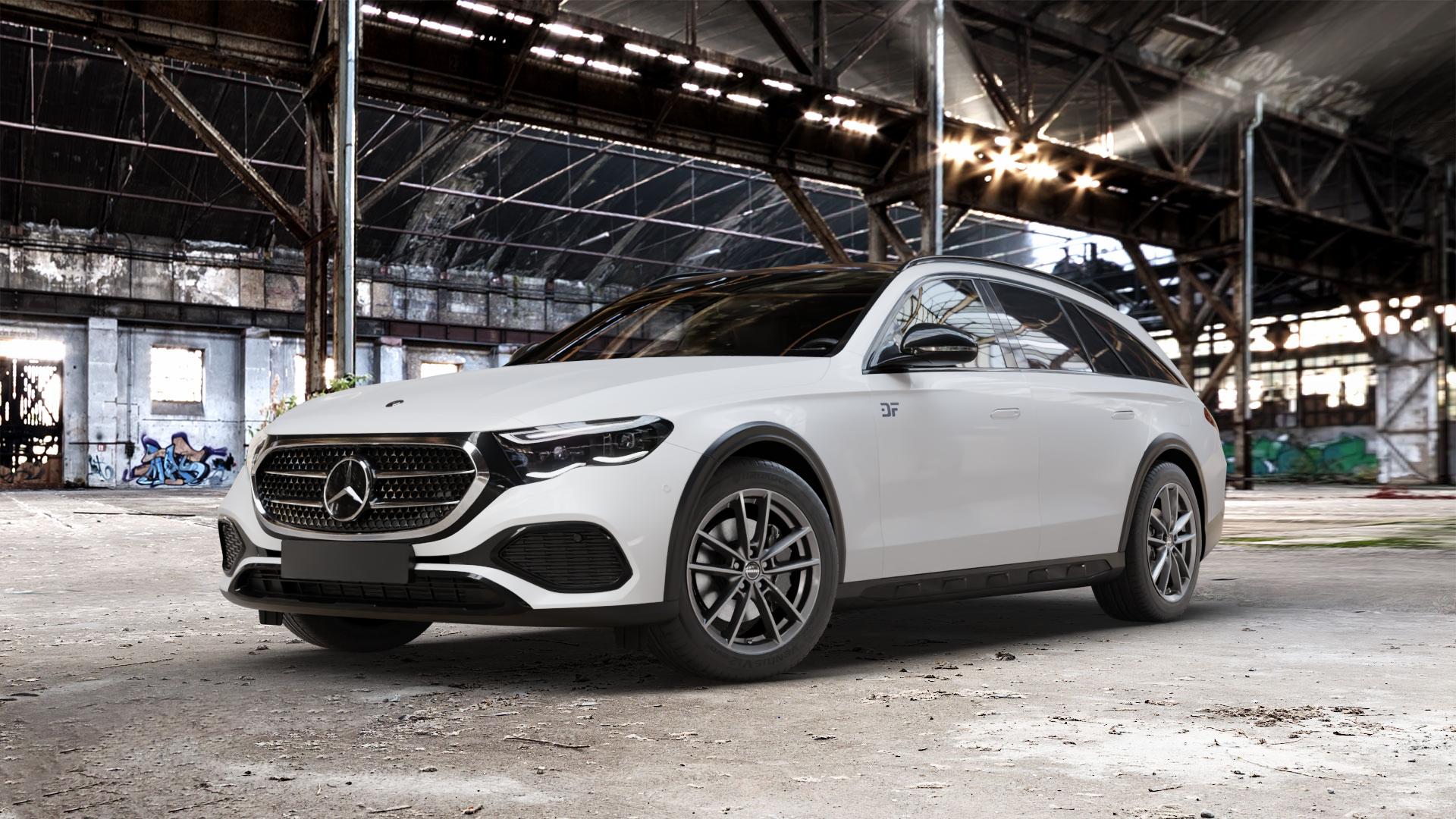 Borbet W mistral anthracite glossy Felge mit Reifen grau in 18Zoll Winterfelge Alufelge auf weissem Mercedes E-Klasse Typ S214 All-Terrain Coupe ⬇️ mit 15mm Tieferlegung ⬇️ Old Industrial Hall_max_5300mm_2024 Frontansicht_1