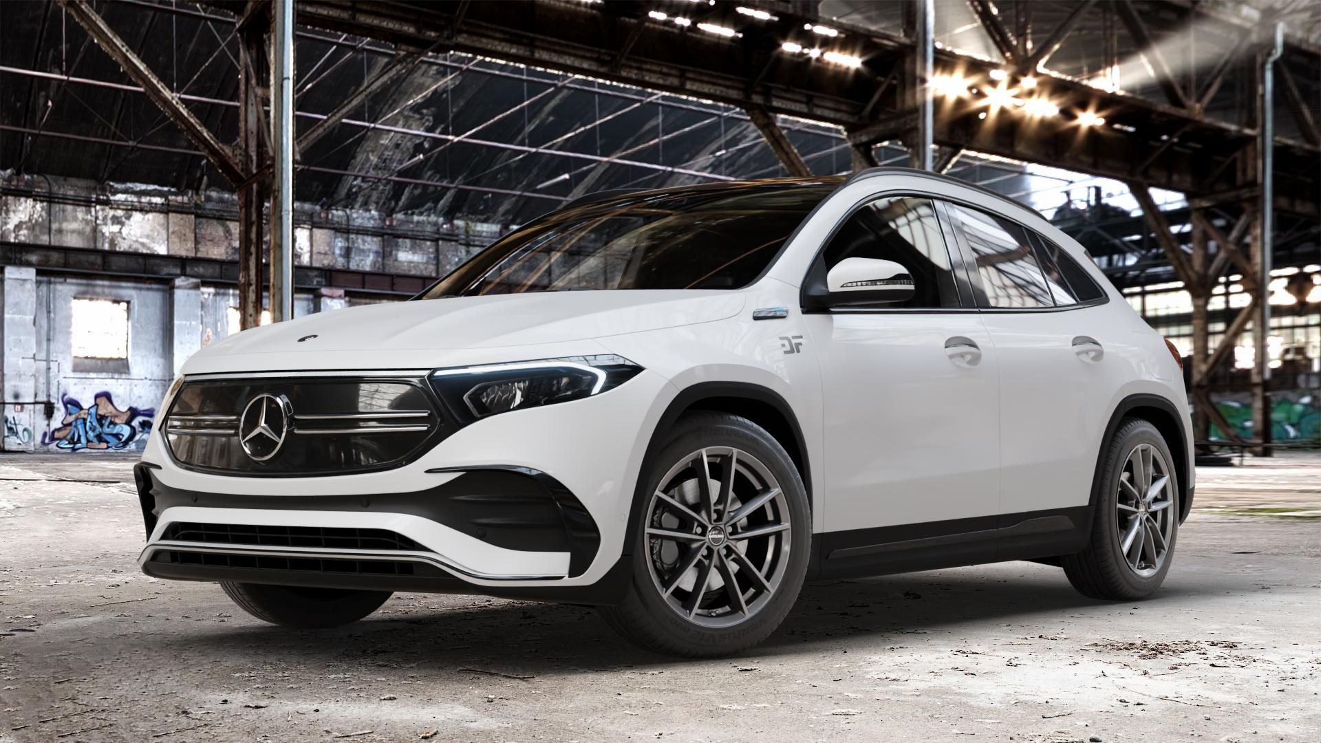 Borbet W mistral anthracite glossy Felge mit Reifen grau in 18Zoll Winterfelge Alufelge auf weissem Mercedes EQA Typ F2B ⬇️ mit 15mm Tieferlegung ⬇️ Old Industrial Hall_max_4400mm_2024 Frontansicht_1