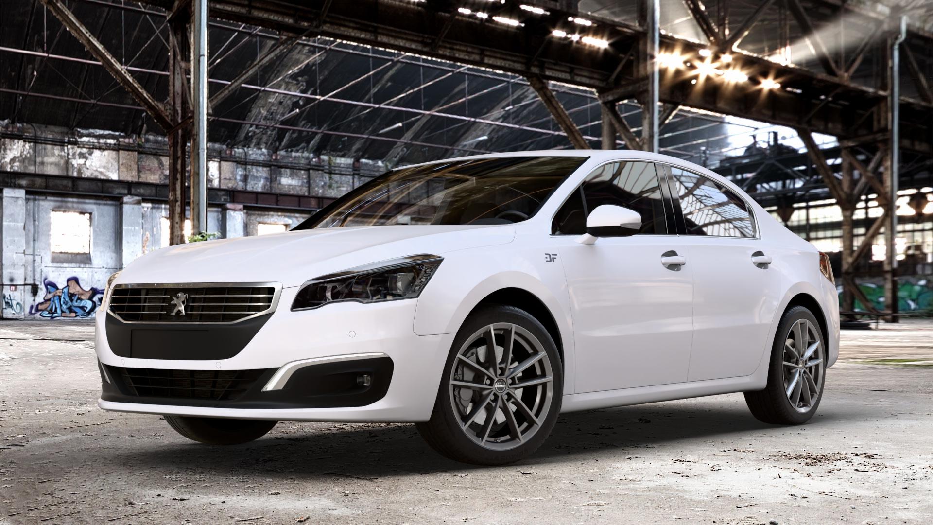 Borbet W mistral anthracite glossy Felge mit Reifen grau in 18Zoll Winterfelge Alufelge auf weissem Peugeot 508 Typ 8 Limousine Facelift ⬇️ mit 15mm Tieferlegung ⬇️ Old Industrial Hall_max_4400mm_2024 Frontansicht_1