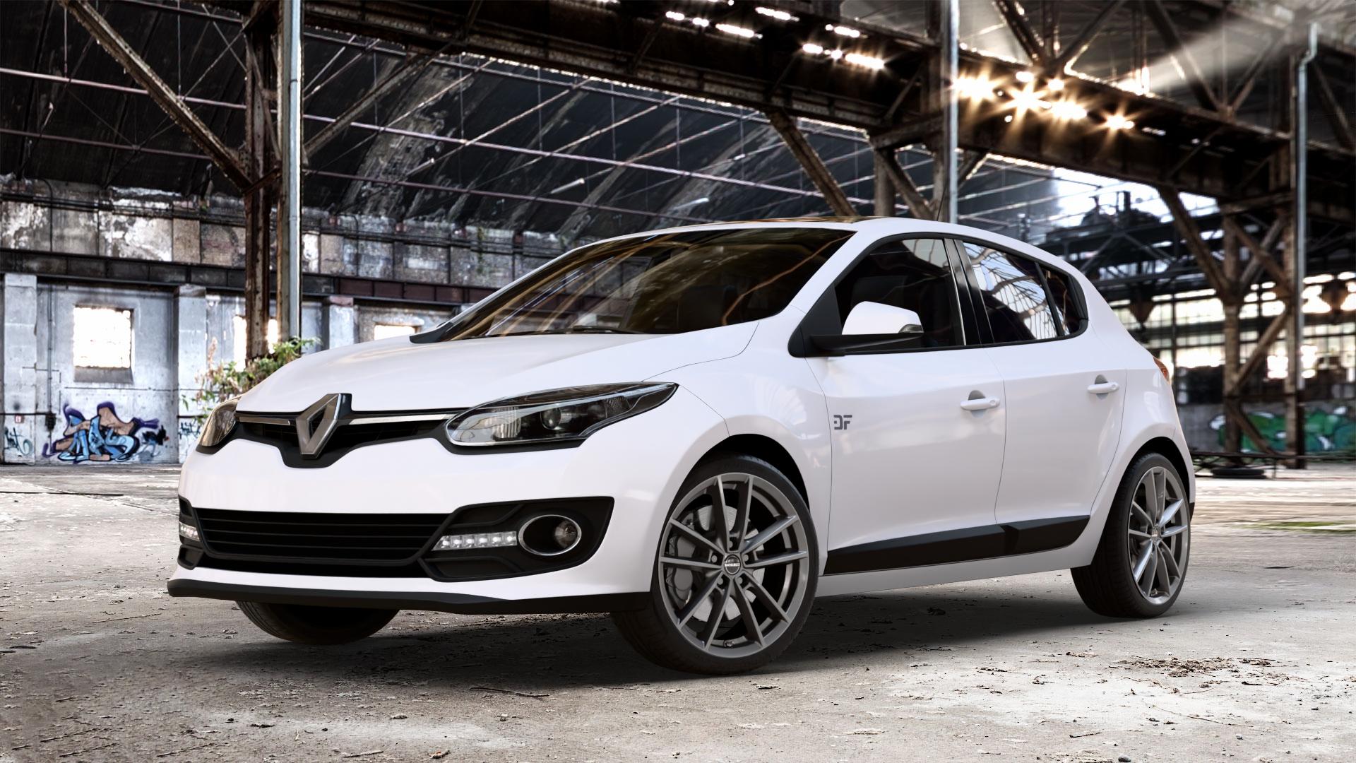 Borbet W mistral anthracite glossy Felge mit Reifen grau in 18Zoll Winterfelge Alufelge auf weissem Renault Megane III Schrägheck Typ Z ⬇️ mit 15mm Tieferlegung ⬇️ Old Industrial Hall_max_4400mm_2024 Frontansicht_1