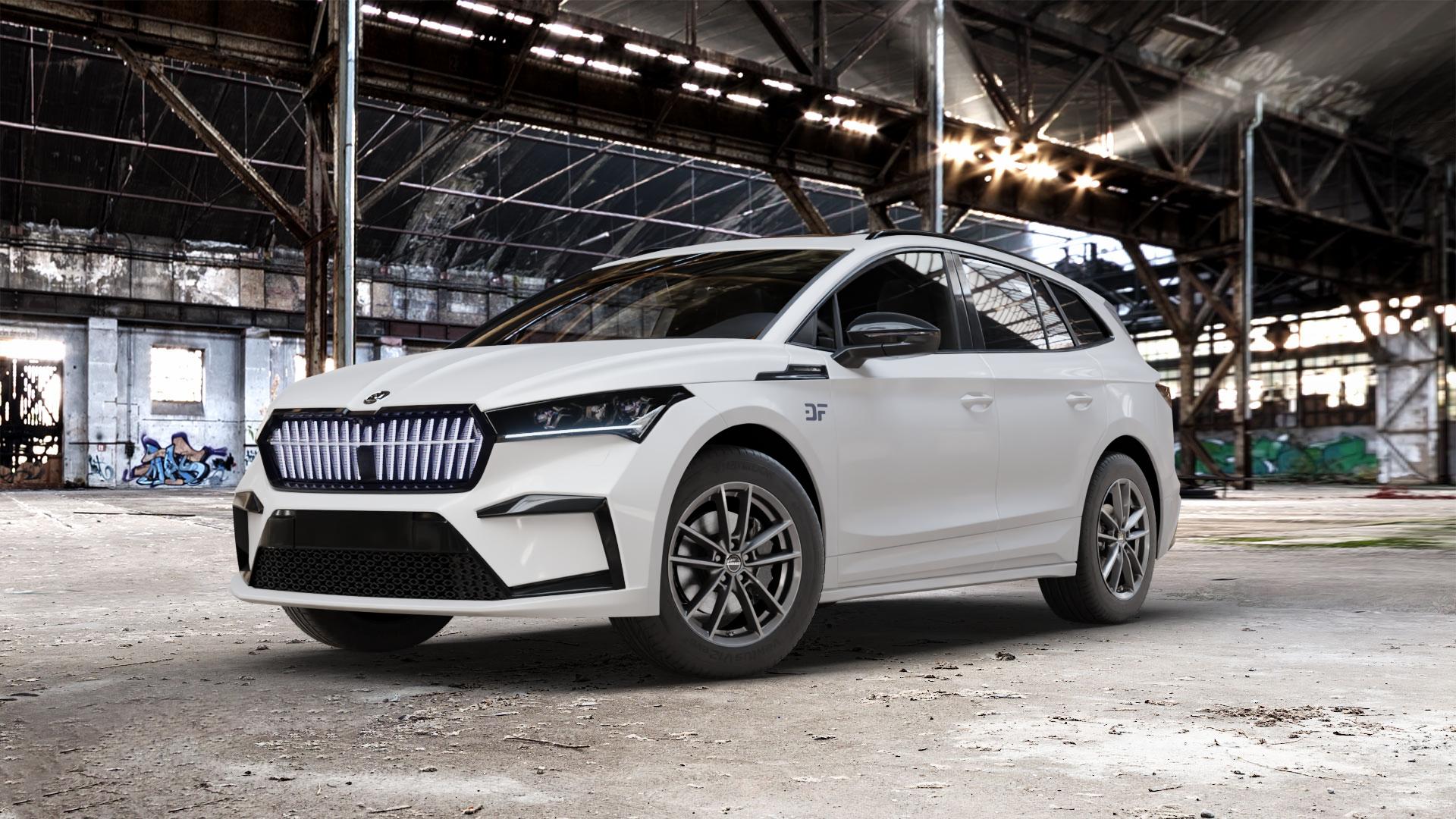 Borbet W mistral anthracite glossy Felge mit Reifen grau in 18Zoll Winterfelge Alufelge auf weissem Skoda Enyaq iV Typ NY 0,0l 70kW 80 (95 PS) 50 77kW 80x (105 60 ⬇️ mit 15mm Tieferlegung ⬇️ Old Industrial Hall_max_5300mm_2024 Frontansicht_1
