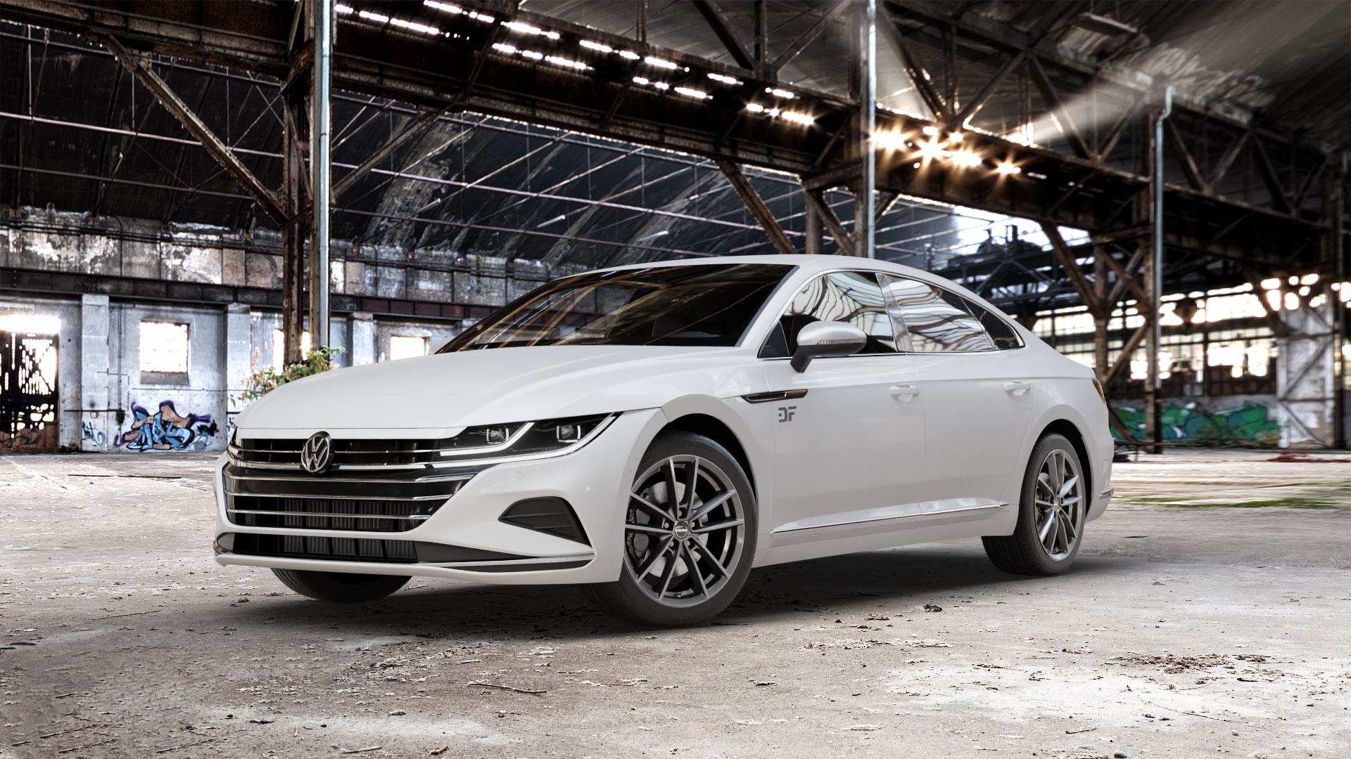 Borbet W mistral anthracite glossy Felge mit Reifen grau in 18Zoll Winterfelge Alufelge auf weissem Volkswagen (VW) Arteon Typ 3H Facelift ⬇️ mit 15mm Tieferlegung ⬇️ Old Industrial Hall_max_5300mm_2024 Frontansicht_1