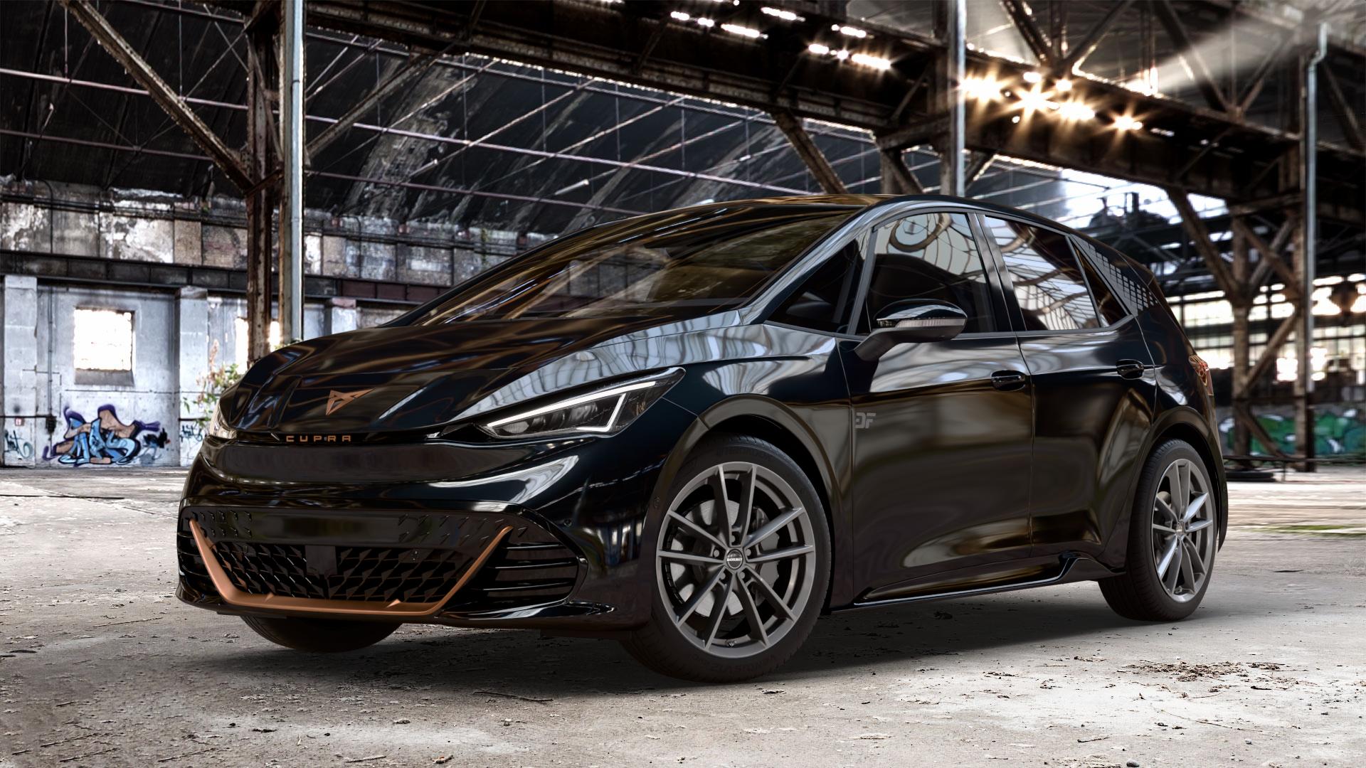Borbet W mistral anthracite glossy Felge mit Reifen grau in 19Zoll Winterfelge Alufelge auf metallic schwarzem Cupra Born Typ K1 ⬇️ mit 15mm Tieferlegung ⬇️ Old Industrial Hall_max_4400mm_2024 Frontansicht_1