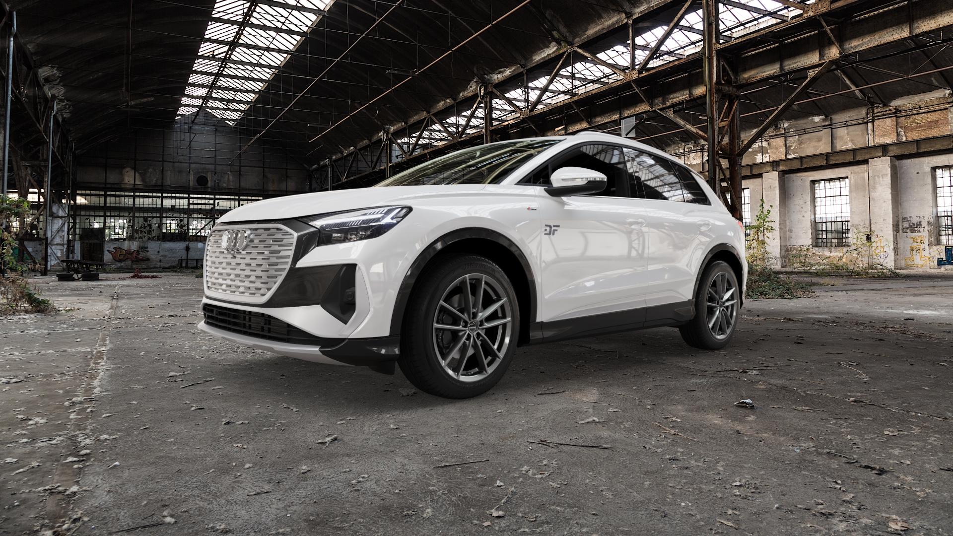 Borbet W mistral anthracite glossy Felge mit Reifen grau in 19Zoll Winterfelge Alufelge auf weissem Audi Q4 Typ FZ ⬇️ mit 15mm Tieferlegung ⬇️ Old Industrial Hall_max5000mm_2022 Frontansicht_1