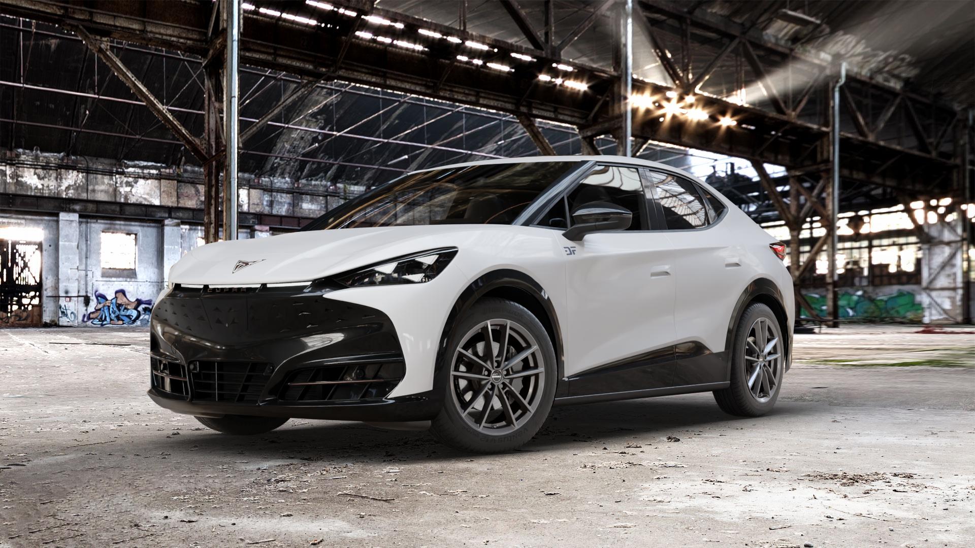 Borbet W mistral anthracite glossy Felge mit Reifen grau in 19Zoll Winterfelge Alufelge auf weissem Cupra Tavascan Typ KR ⬇️ mit 15mm Tieferlegung ⬇️ Old Industrial Hall_max_5300mm_2024 Frontansicht_1